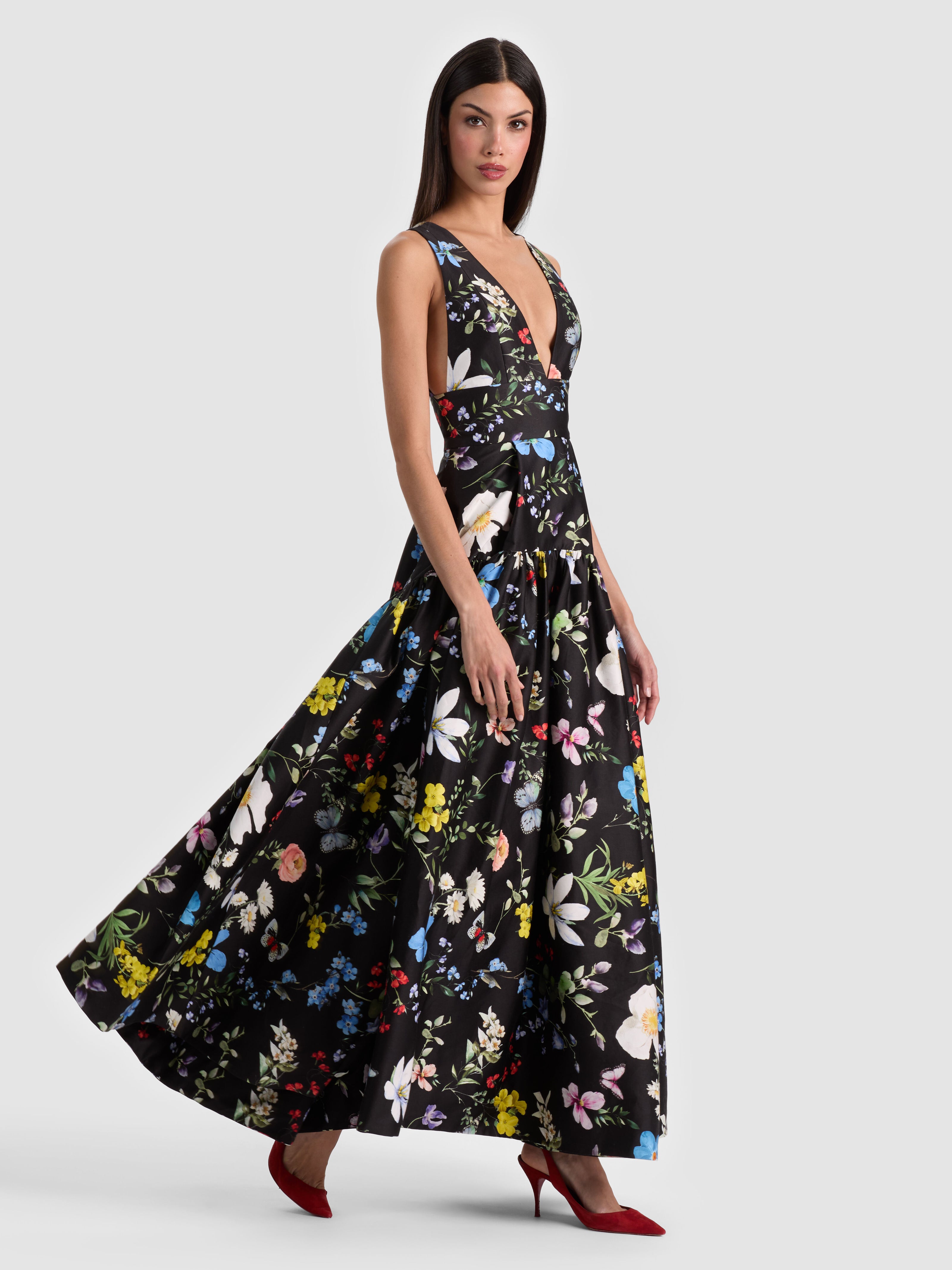LILA STRUCTURED BALLGOWN-TWISTING VINES BLACK-ALICE + OLIVIA