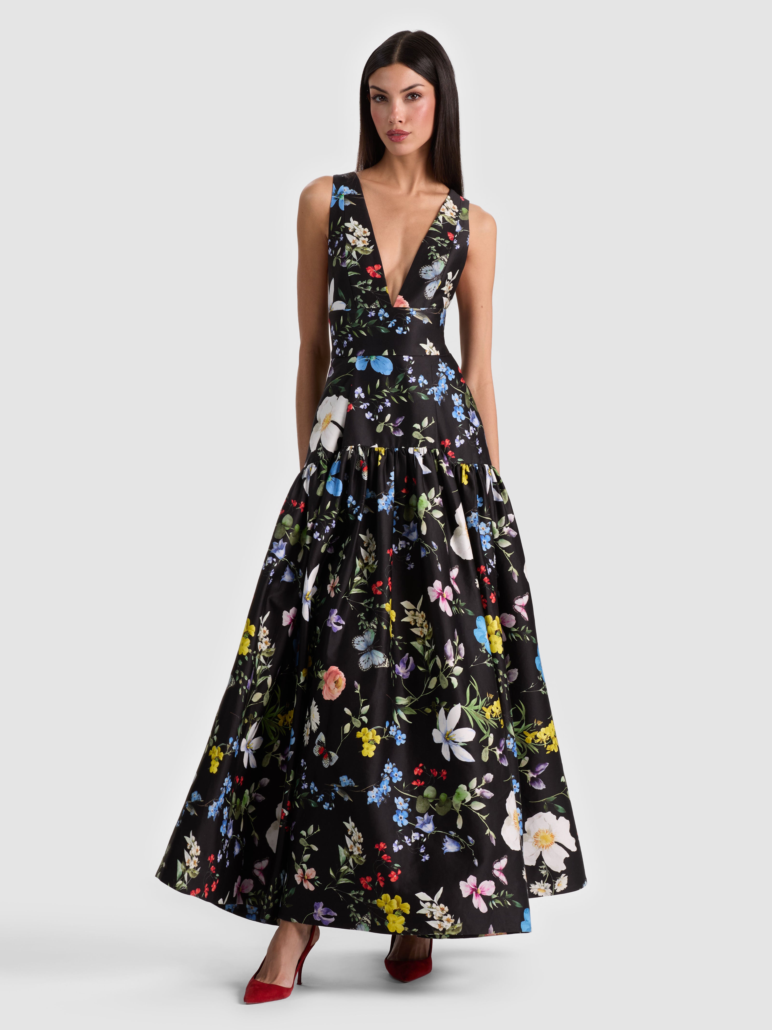 LILA STRUCTURED BALLGOWN-TWISTING VINES BLACK-ALICE + OLIVIA