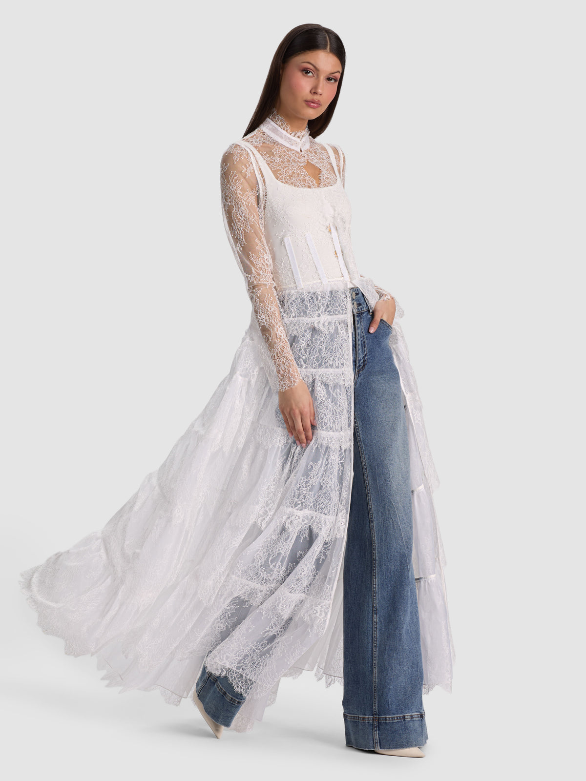 XAVIER TIERED LACE MAXI COAT - OFF WHITE