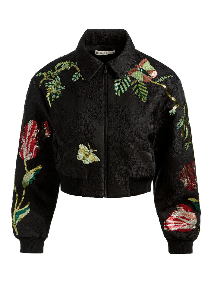 EDMOND EMBELLISHED VARSITY JACKET-SOFT TULIP BLACK-ALICE + OLIVIA