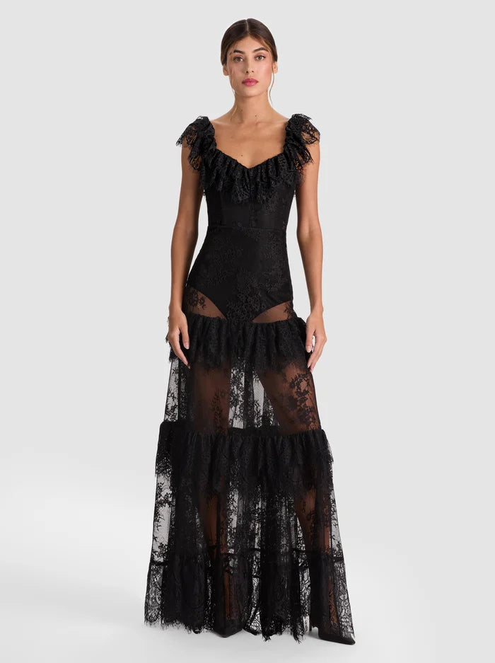 MYRNA LACE TIERED GOWN-Black-ALICE + OLIVIA