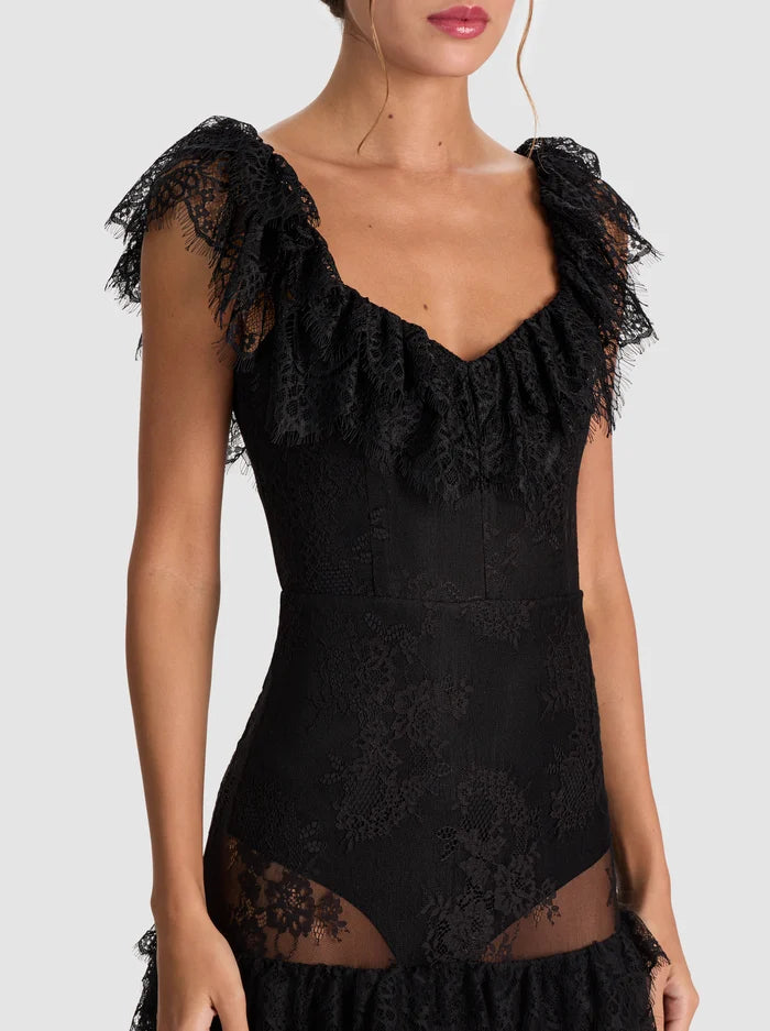 MYRNA LACE TIERED GOWN-Black-ALICE + OLIVIA