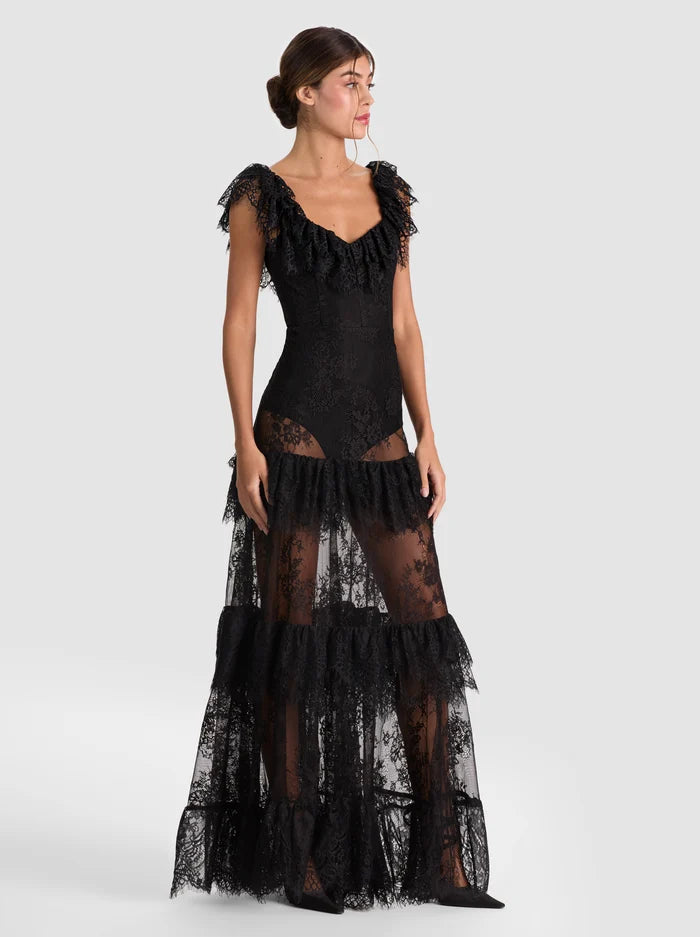 MYRNA LACE TIERED GOWN-Black-ALICE + OLIVIA