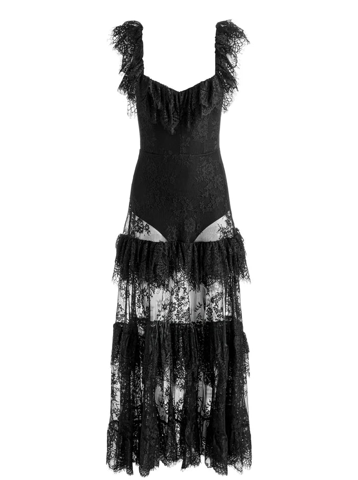 MYRNA LACE TIERED GOWN-Black-ALICE + OLIVIA