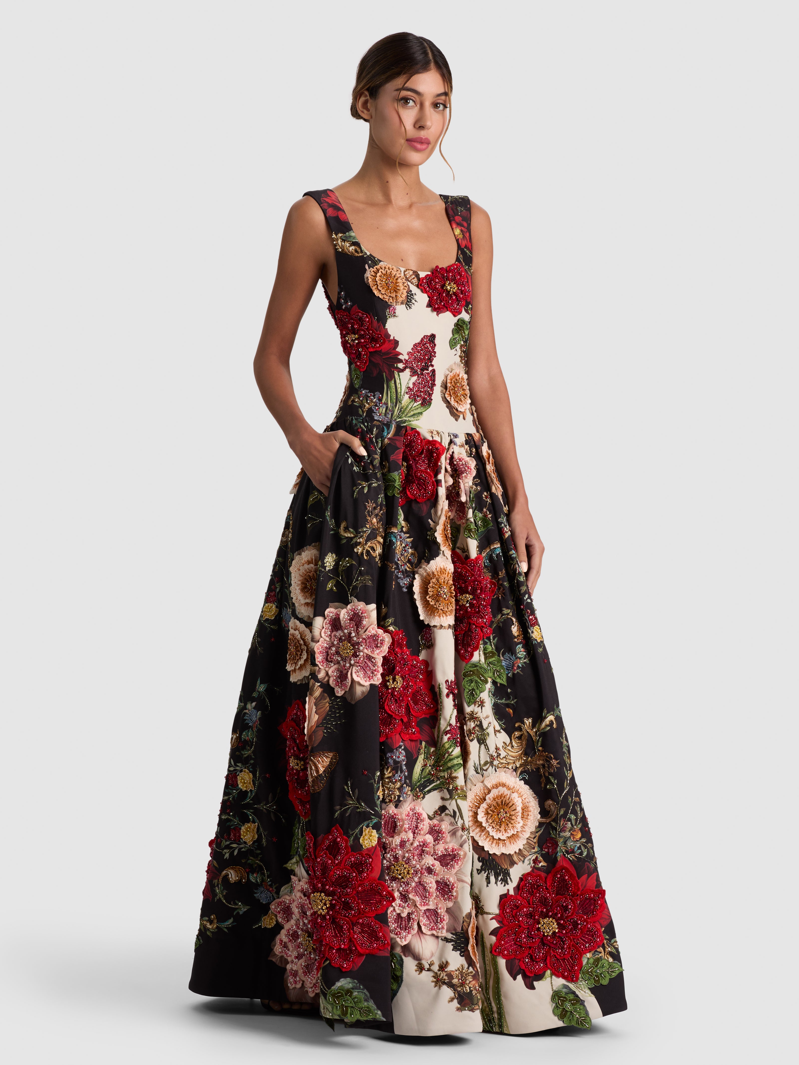 MAXINE EMBELL DROP WAIST GOWN-FLORAL RADIANCE-ALICE + OLIVIA