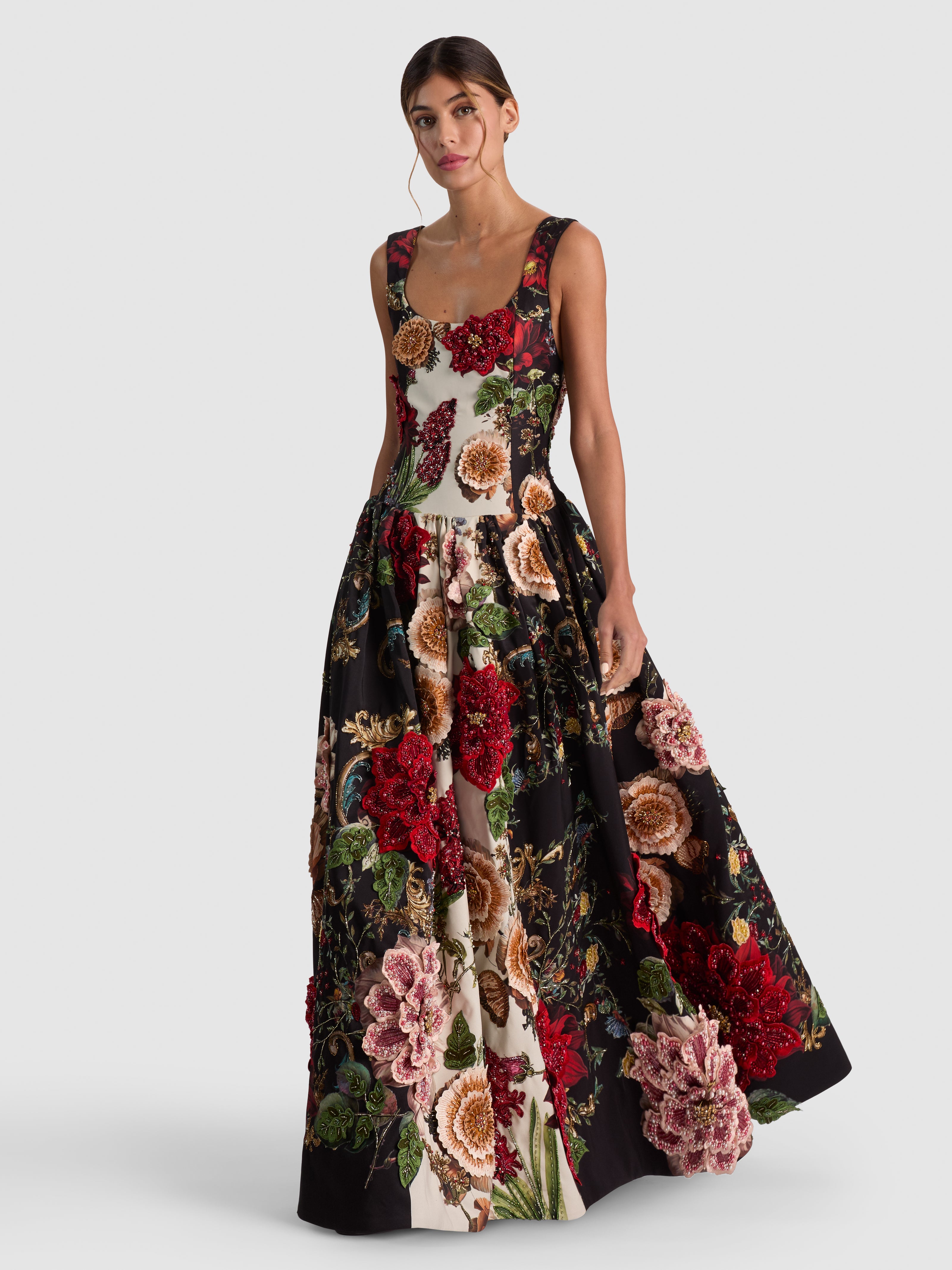 MAXINE EMBELLISHED DROP WAIST GOWN-FLORAL RADIANCE-ALICE + OLIVIA