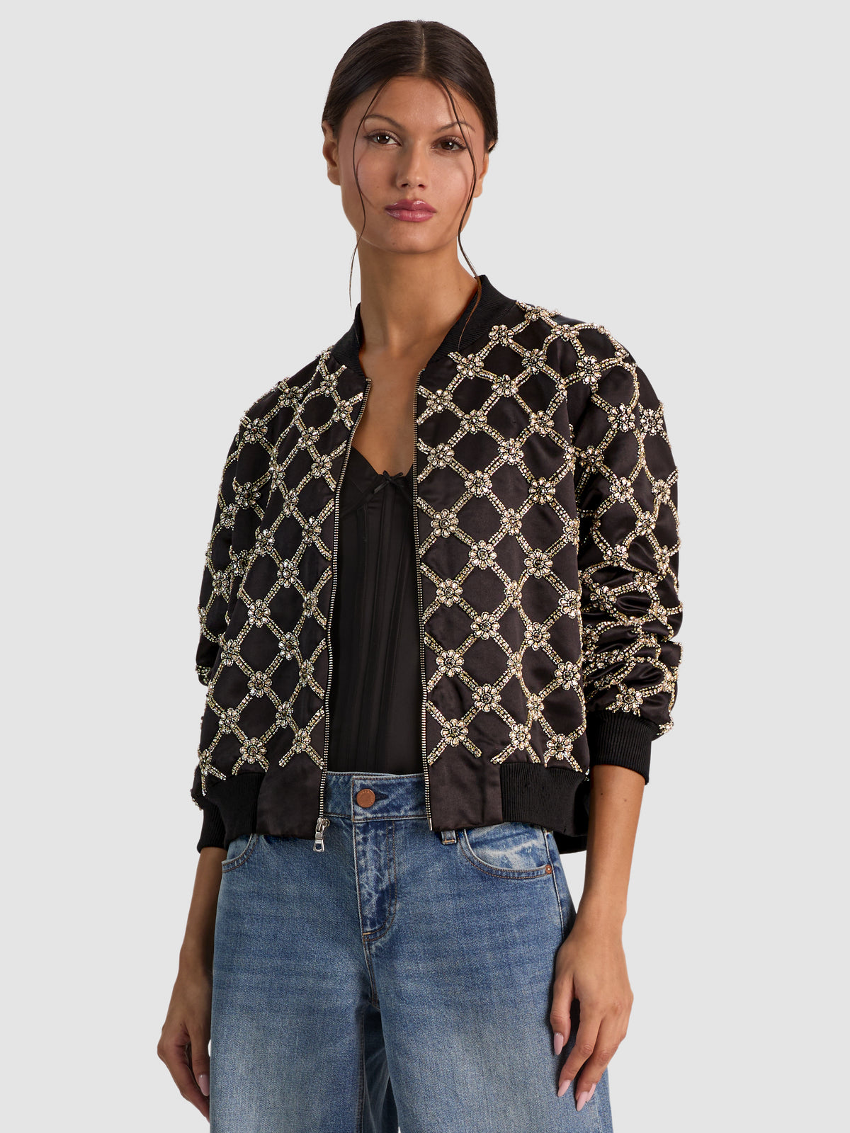 WILLIE EMBELLISHED BOMBER JACKET - BLACK/CLEAR CRYSTAL