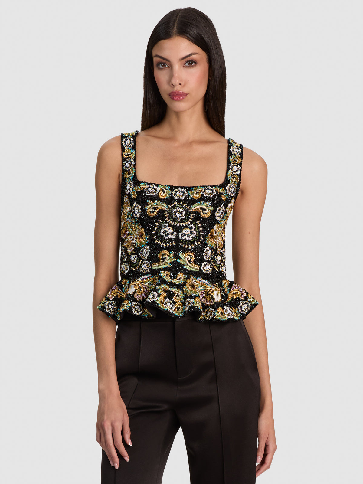 LILIANNA EMBELLISHED CORSET TOP-BLACK/MULTI-ALICE + OLIVIA
