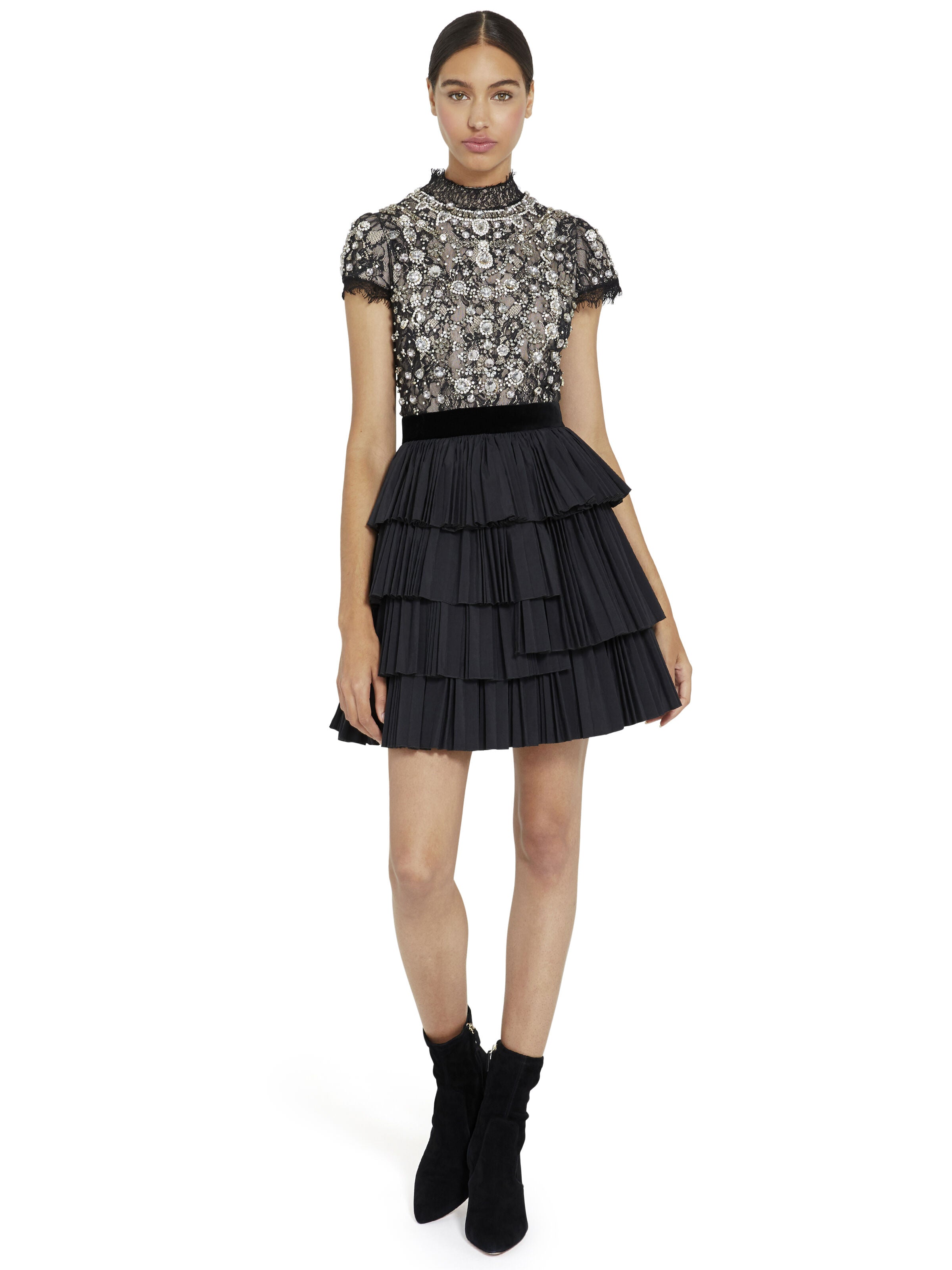 DORIAN CRYSTAL MOCK NECK MINI GOWN-Black-ALICE + OLIVIA