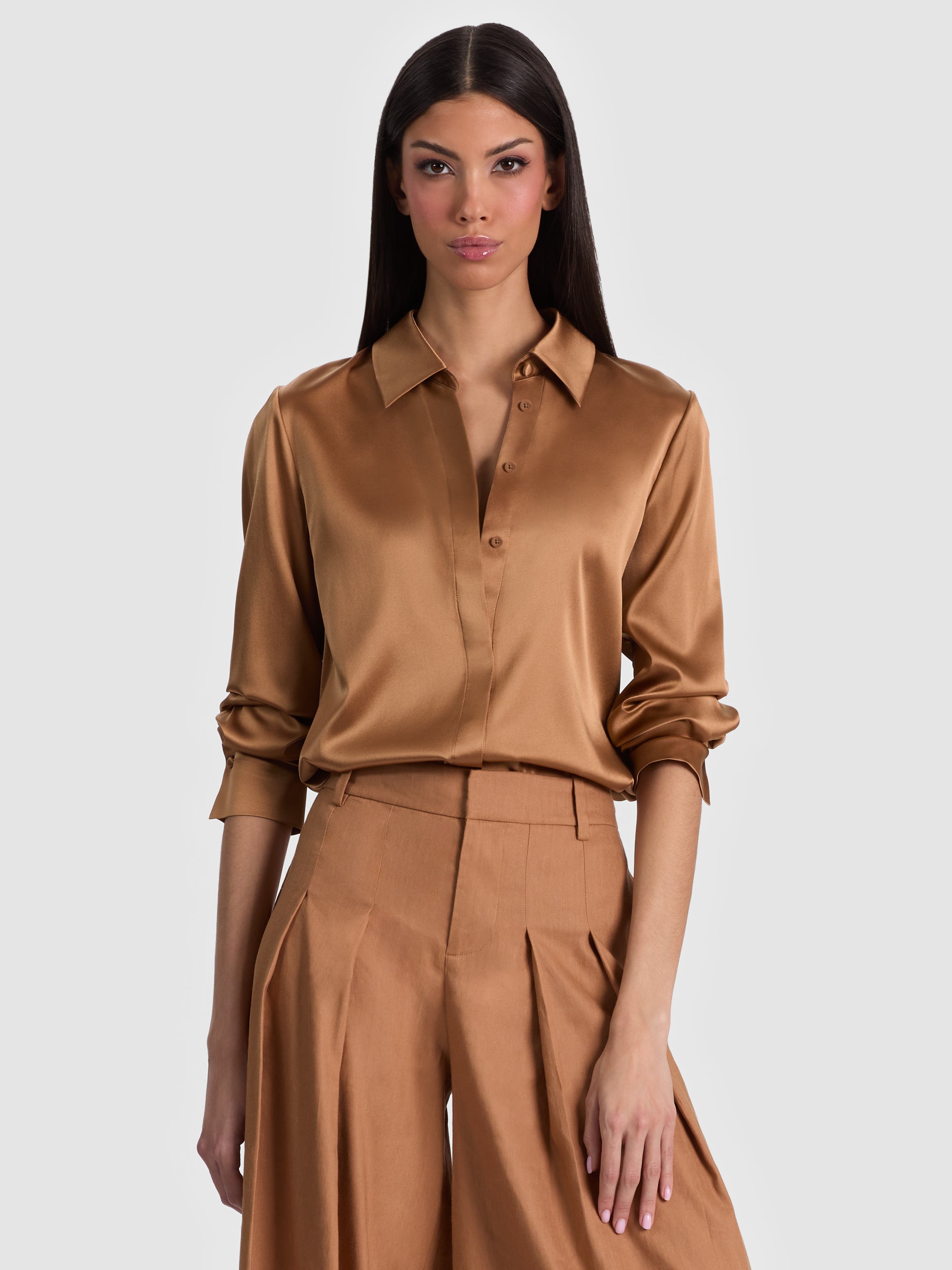 BRADY SILK BLOUSE-TAN-ALICE + OLIVIA