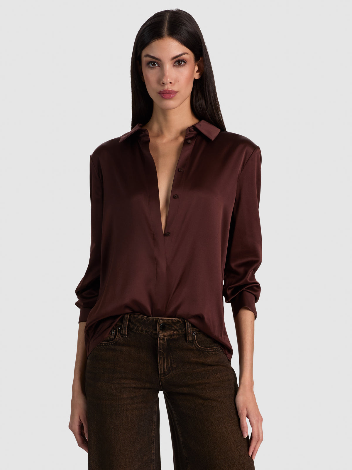 WILLA SILK BLOUSE-DARK CHOCOLATE-ALICE + OLIVIA