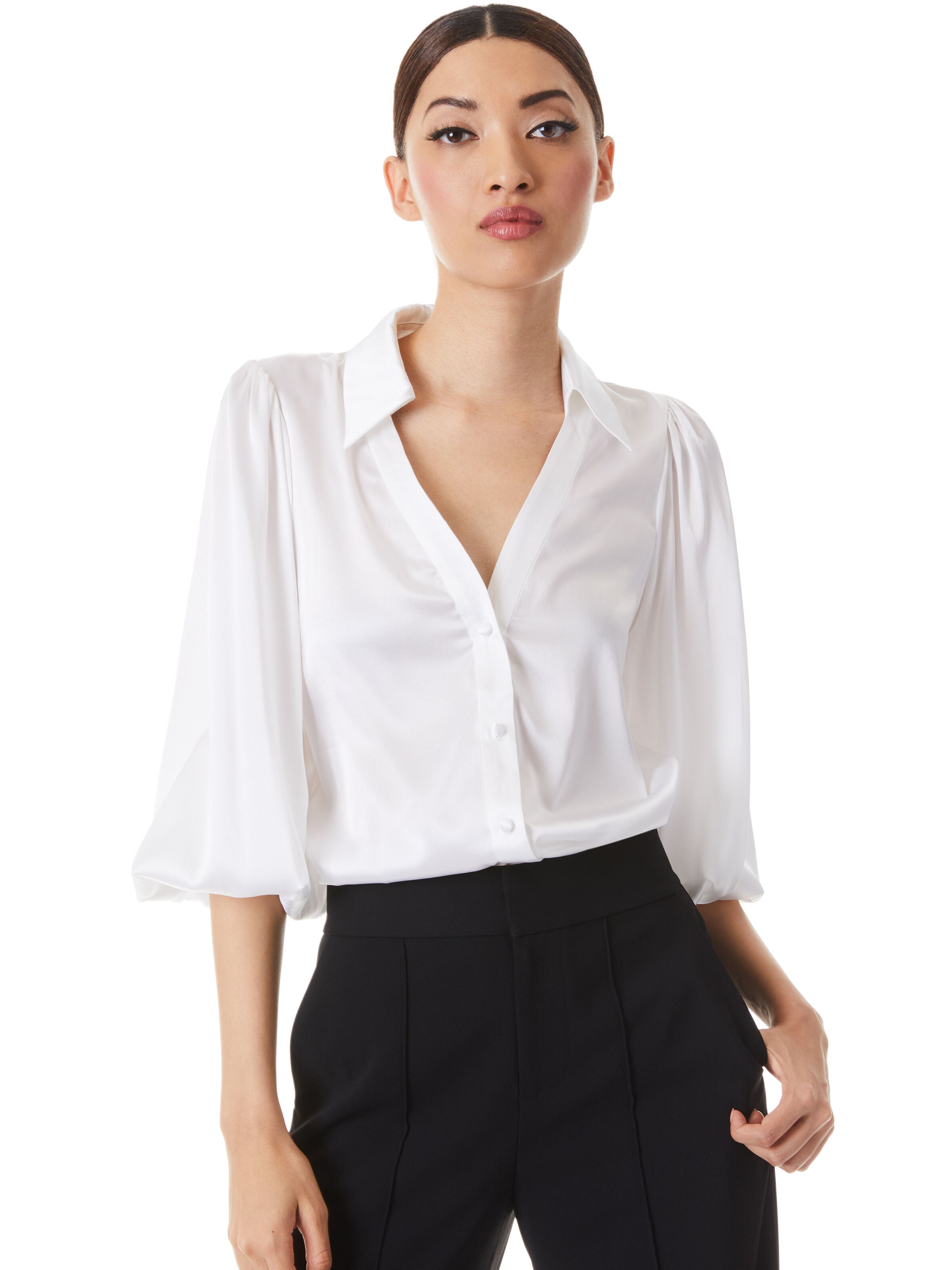 COSIMA BUTTON DOWN BLOUSE-Black-ALICE + OLIVIA