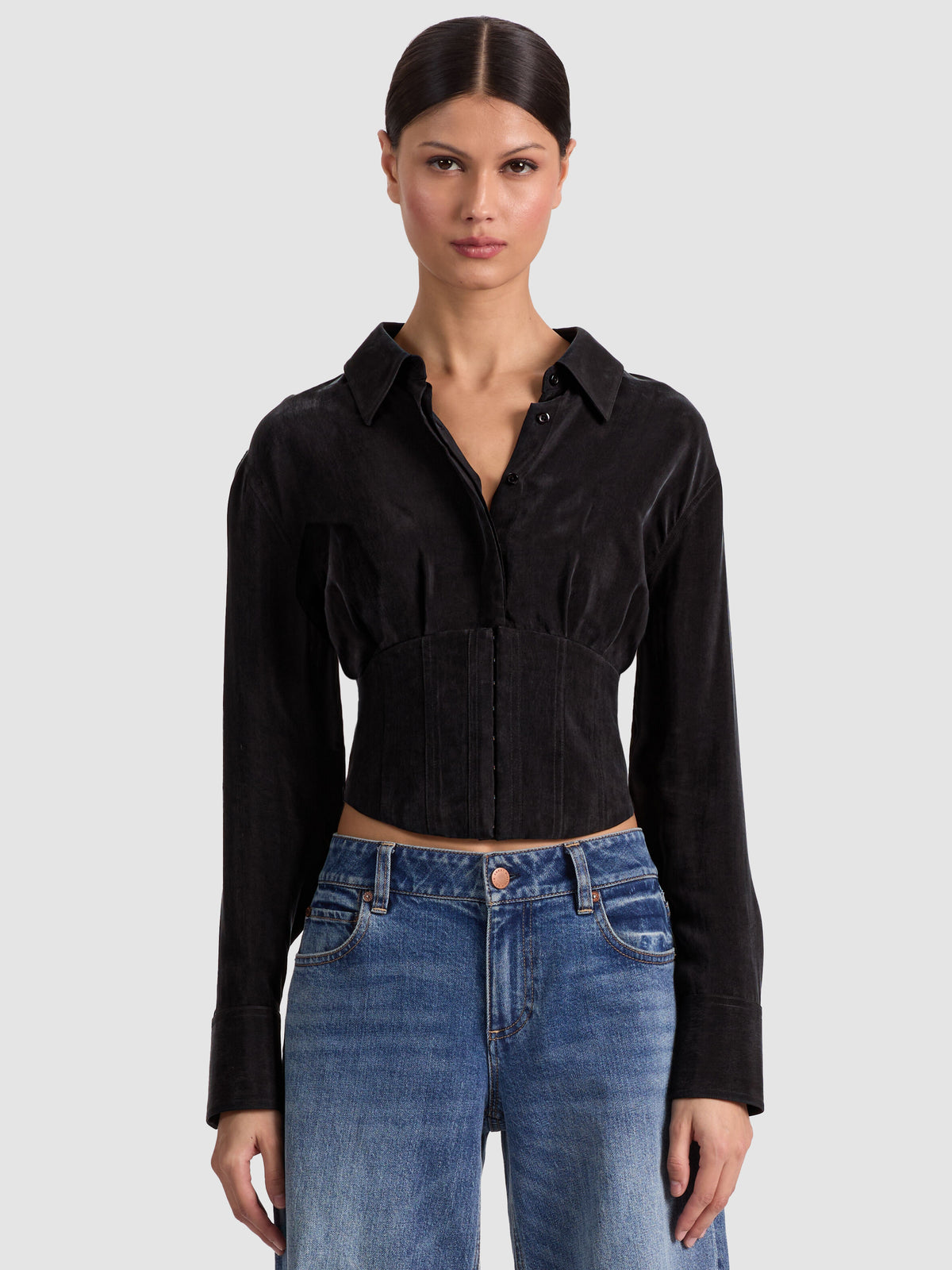 EDIE SEAMED CORSET BUTTON DOWN - BLACK