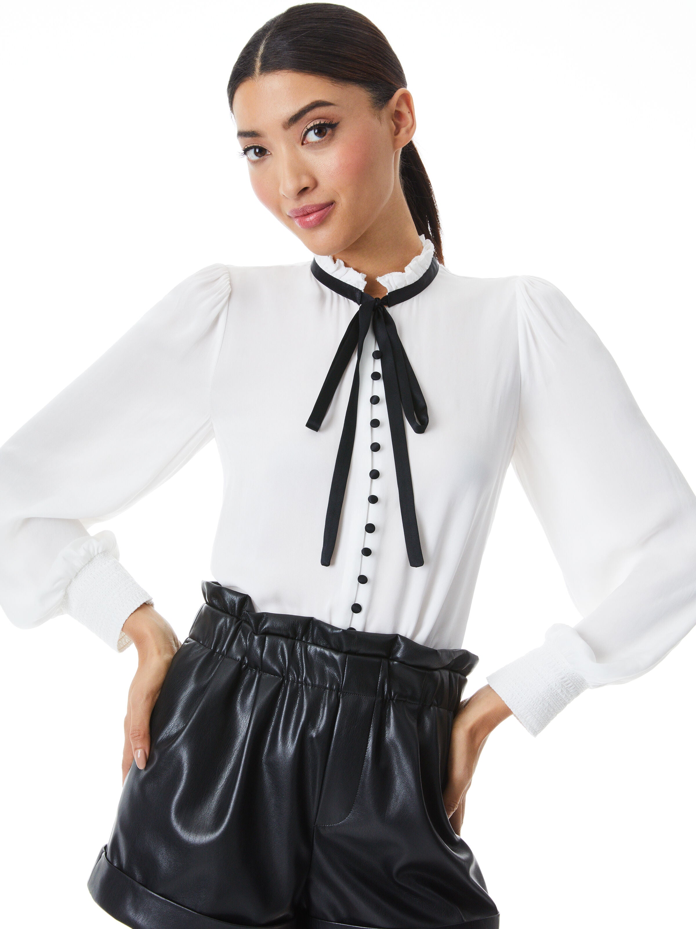 ZINA BUTTON DOWN NECK TIE BLOUSE-OFF WHITE/BLACK-ALICE + OLIVIA