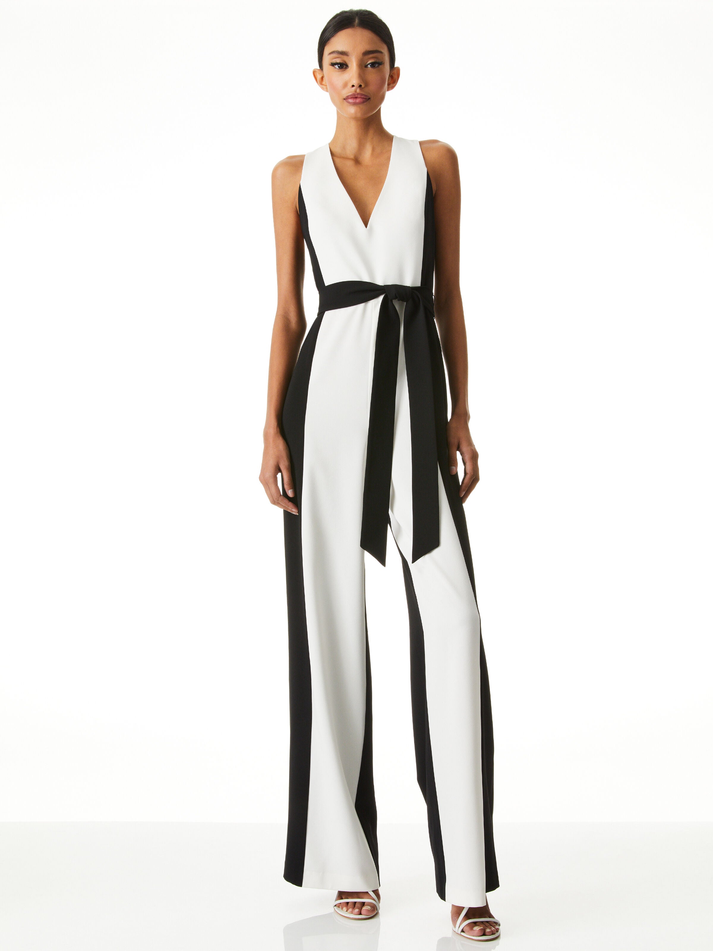 TESSA V-NECK WIDE LEG JUMPSUIT-OFF WHITE/BLACK-ALICE + OLIVIA