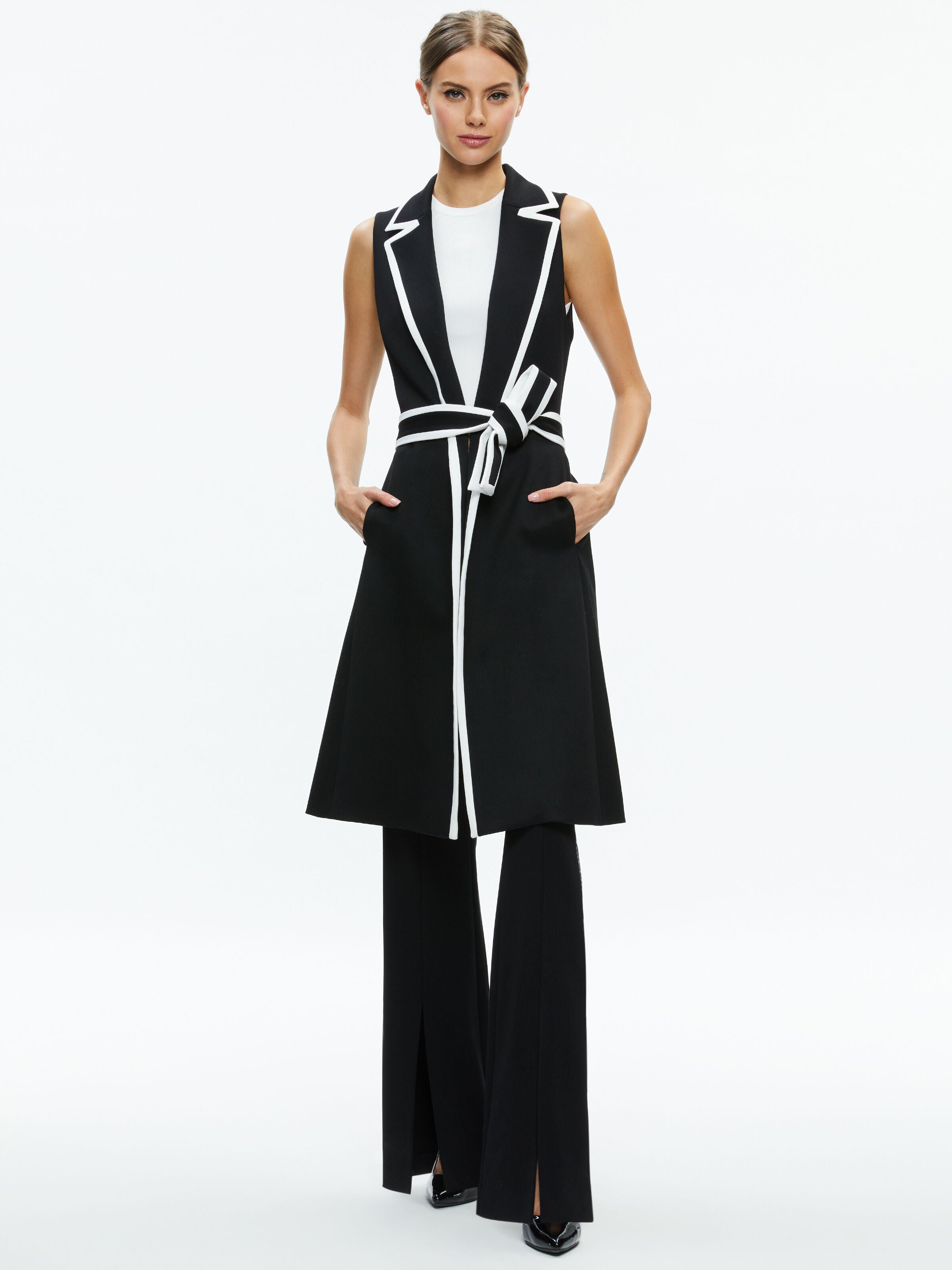 AUBREY LONG TRENCH VEST-BLACK/OFF WHITE-ALICE + OLIVIA