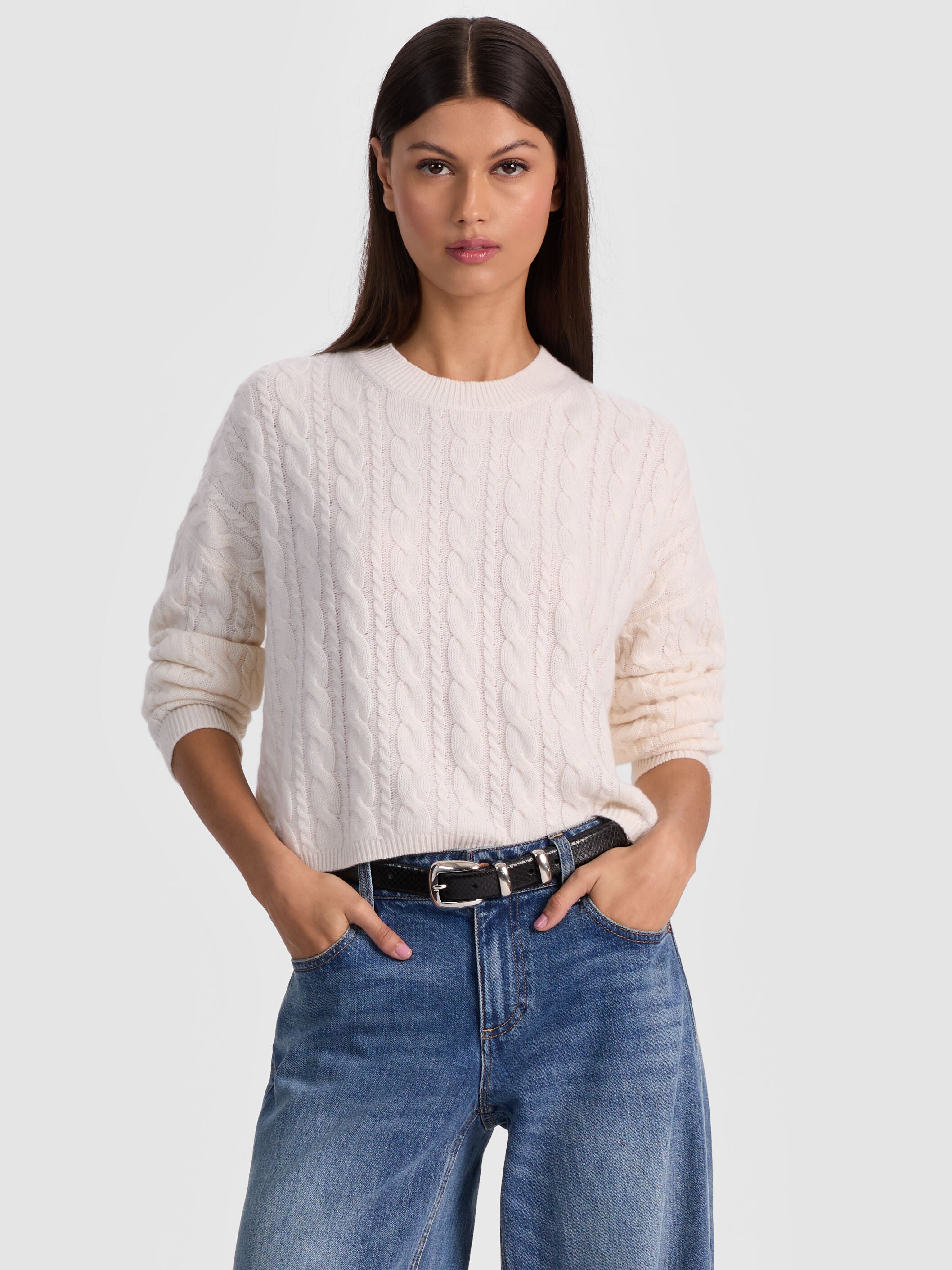 CECILIE CASHMERE CABLEKNIT PULLOVER-CHARCOAL HEATHER-ALICE + OLIVIA