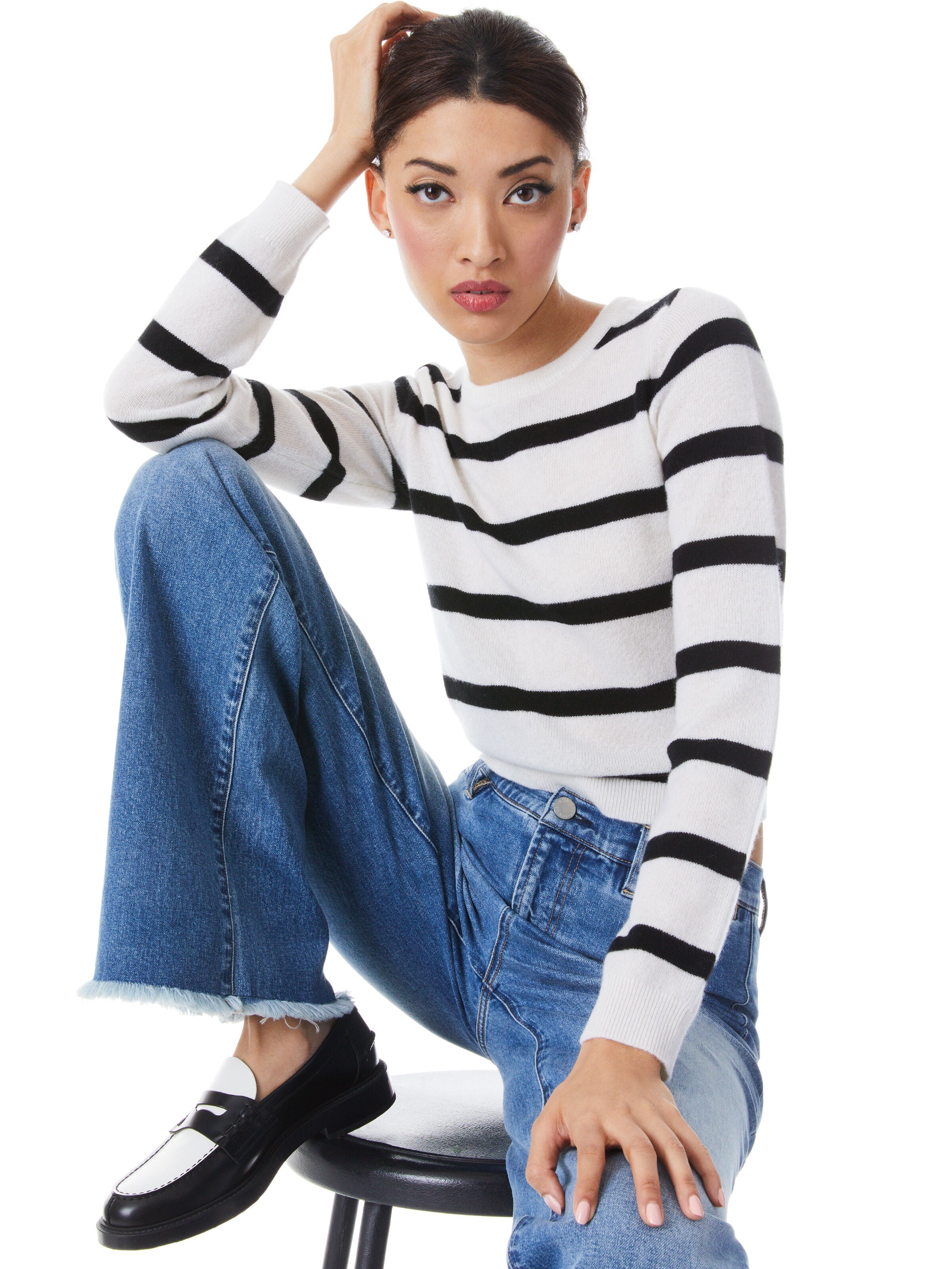 LUNA STRIPED CREWNECK-BLACK/ECRU-ALICE + OLIVIA
