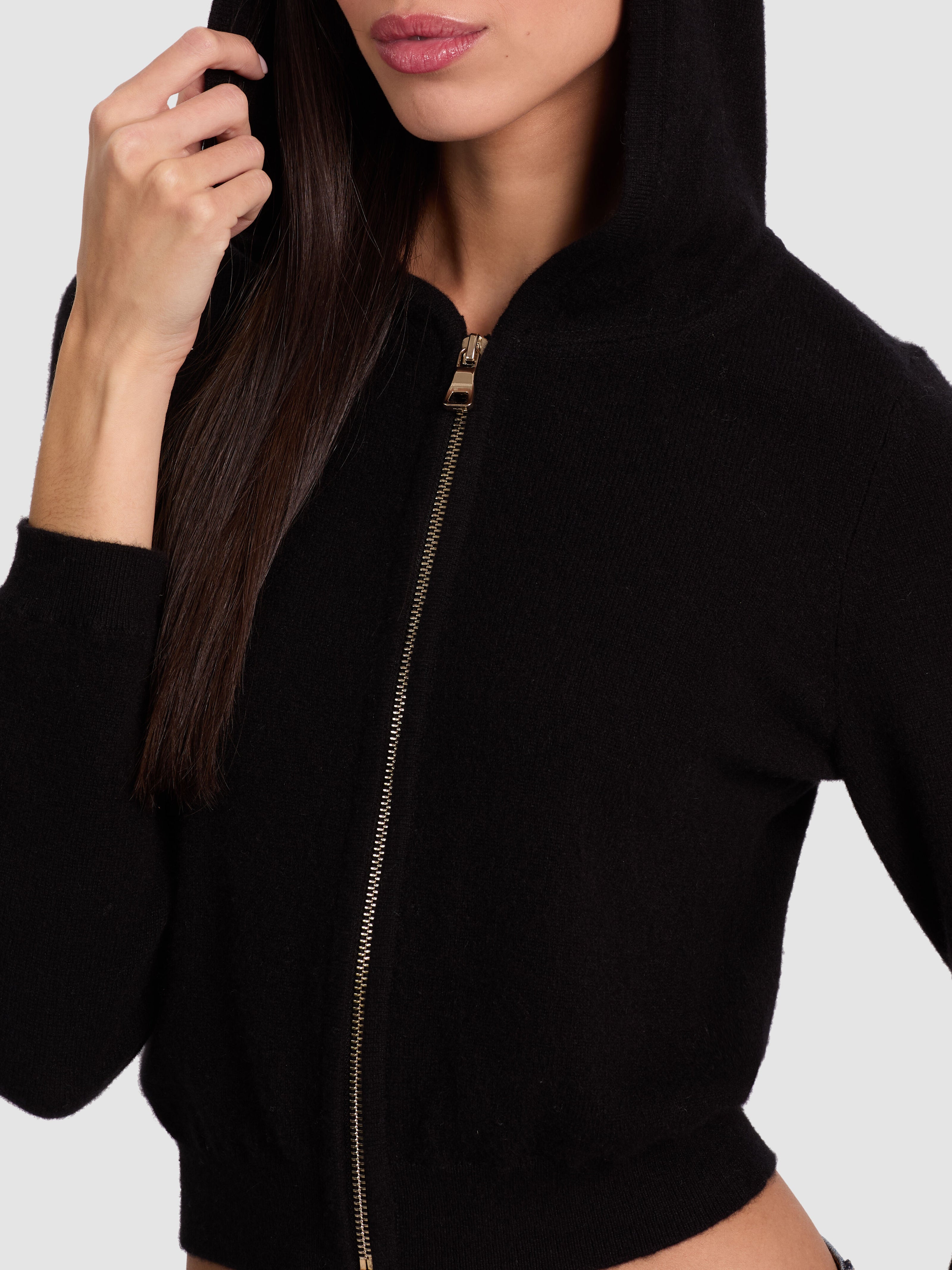 DOLLIE CASHMERE ZIP-UP HOODIE-Black-ALICE + OLIVIA