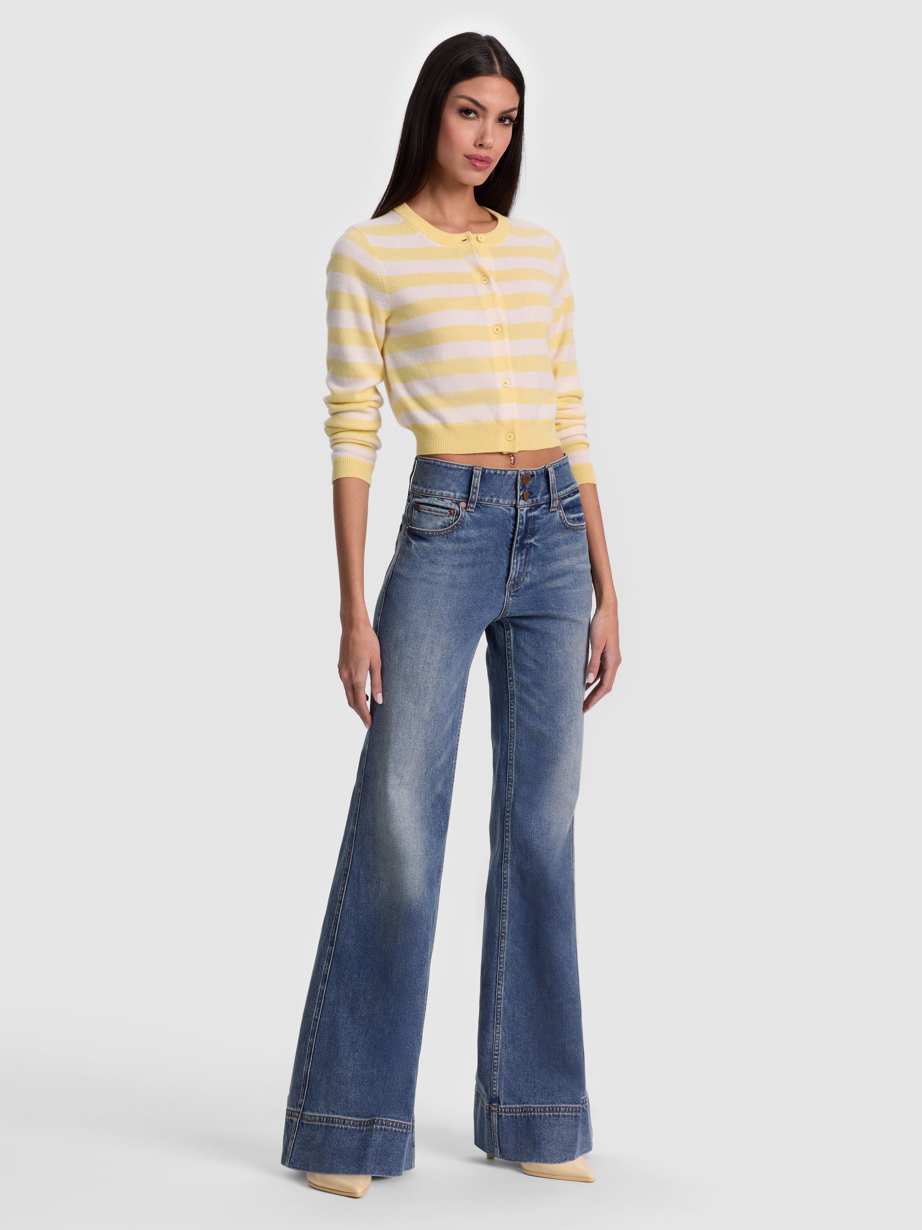 DOLLIE STRIPED CASHMERE CARDIGAN-BUTTER/ECRU-ALICE + OLIVIA