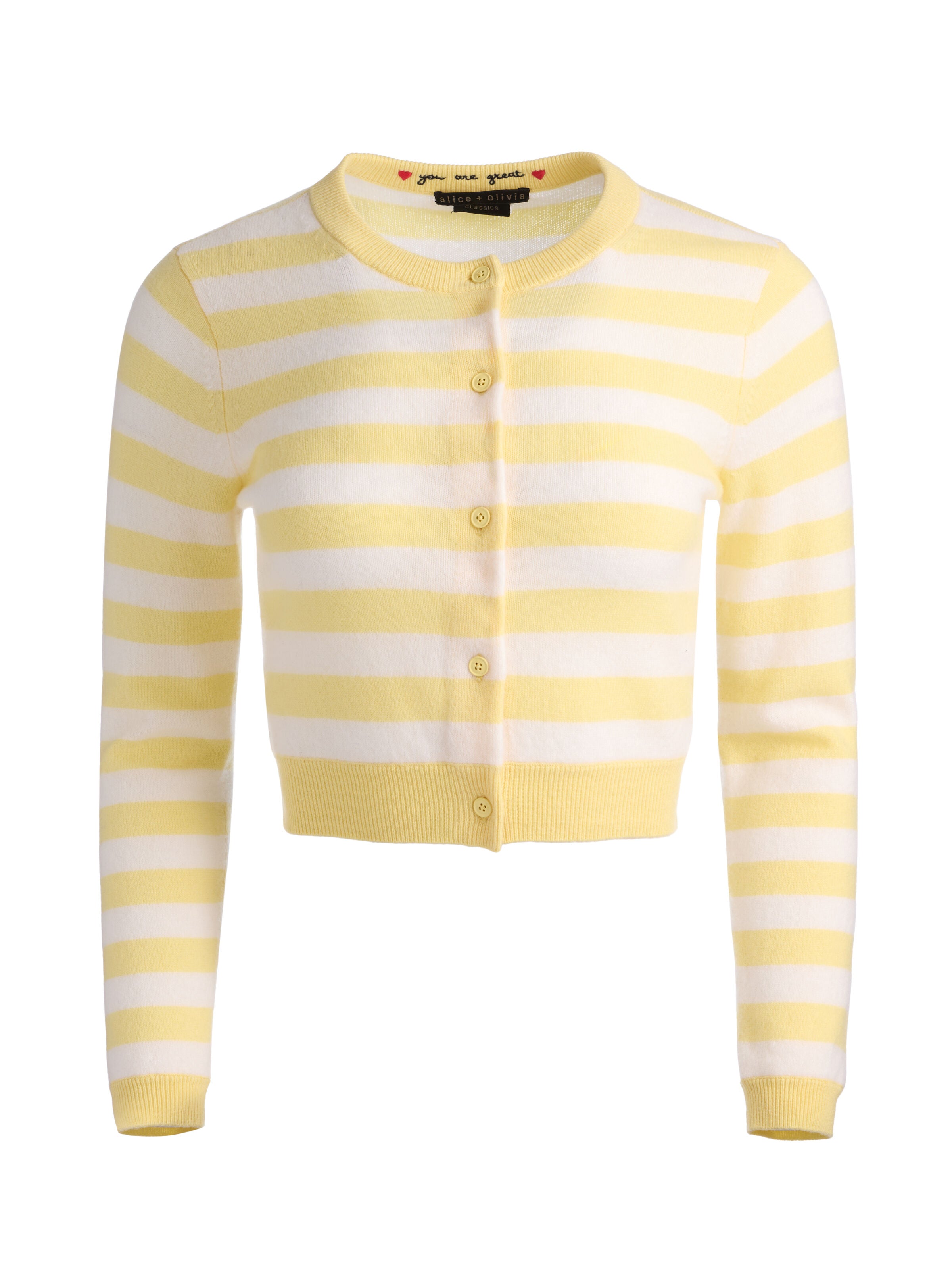 DOLLIE STRIPED CASHMERE CARDIGAN-BUTTER/ECRU-ALICE + OLIVIA