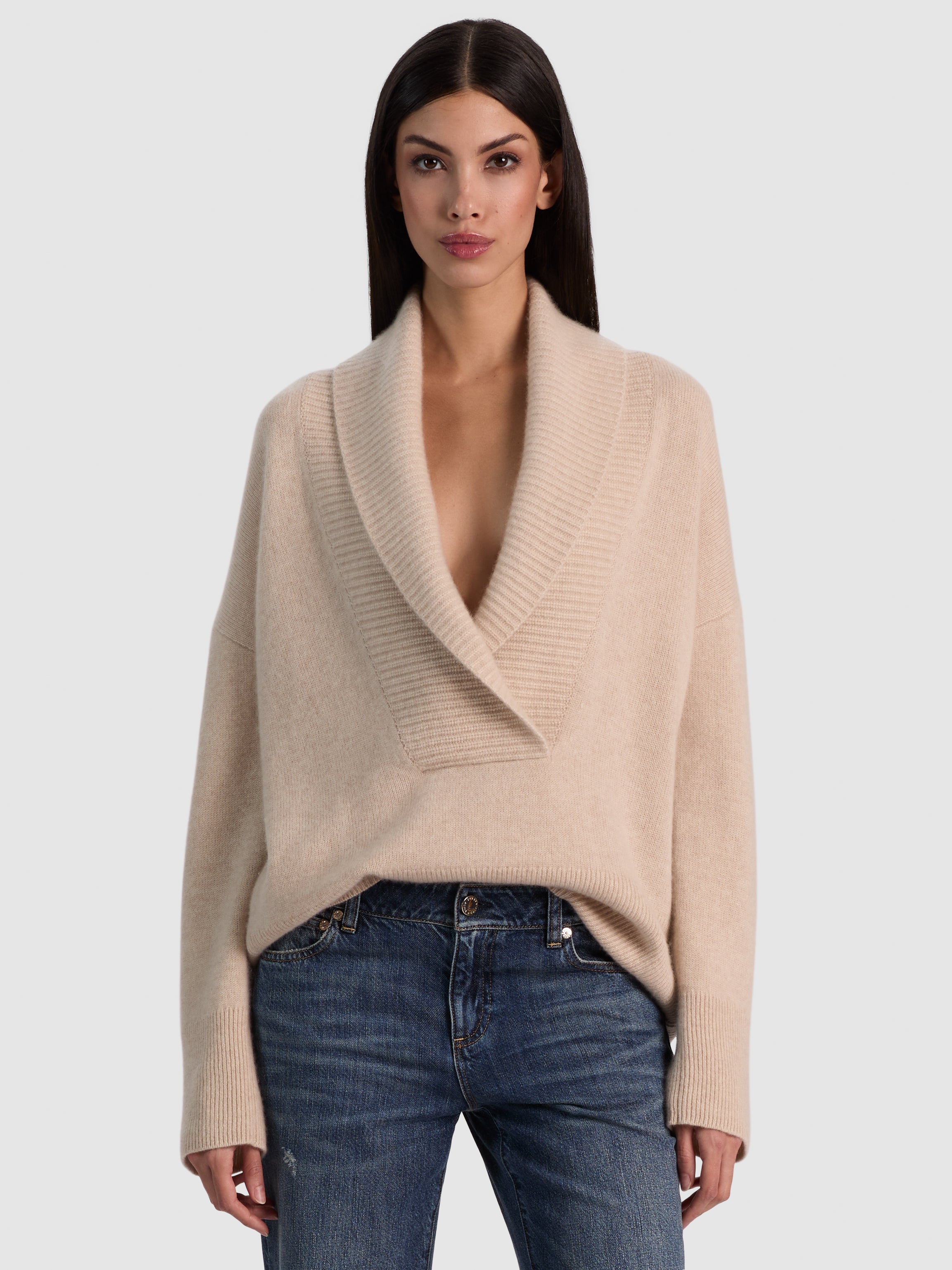 BRENDA CASHMERE SHAWL COLLAR TUNIC-OATMEAL HEATHER-ALICE + OLIVIA
