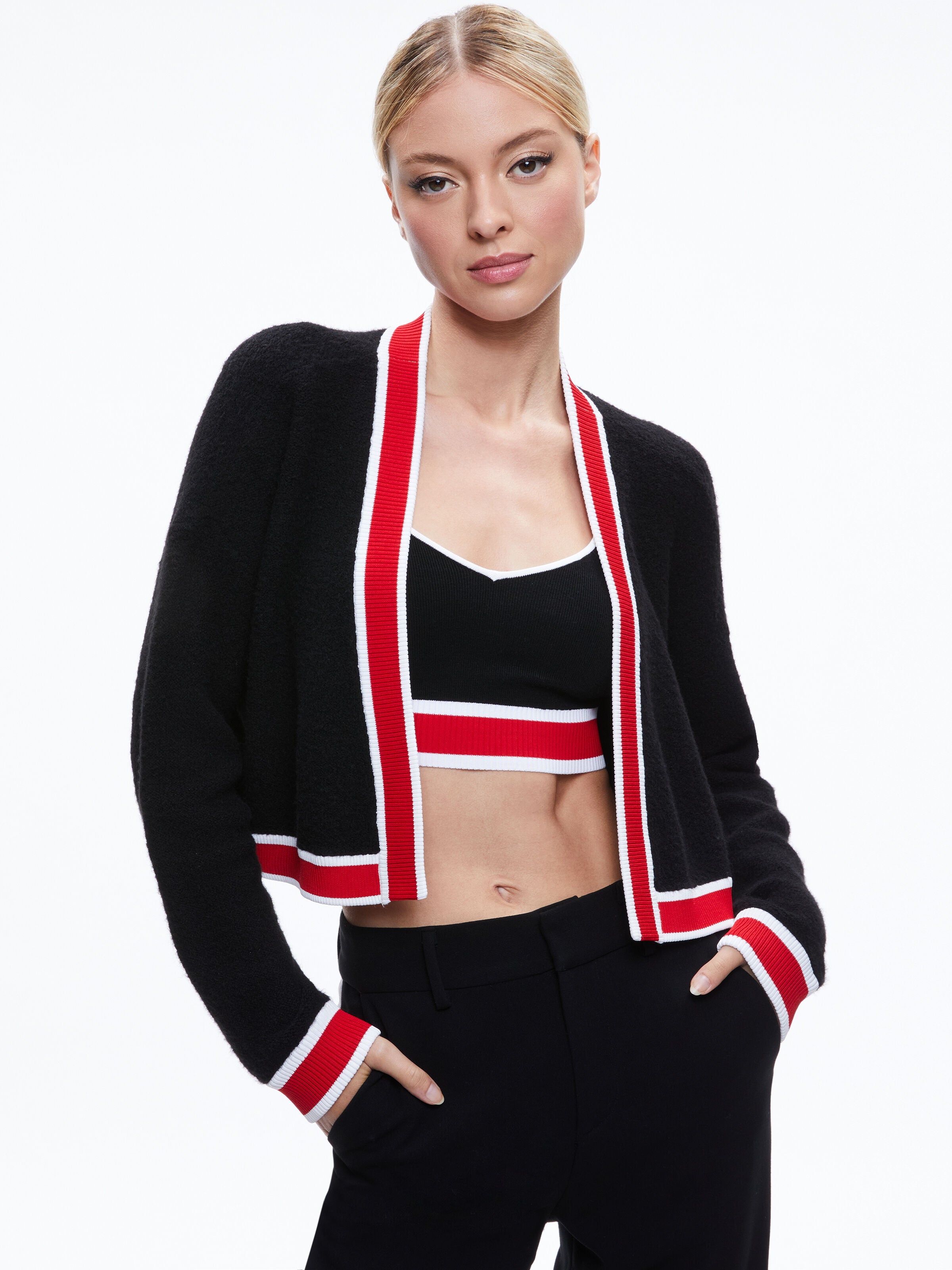 JUANA CROPPED CARDIGAN-BLACK/PERFECT RUBY-ALICE + OLIVIA