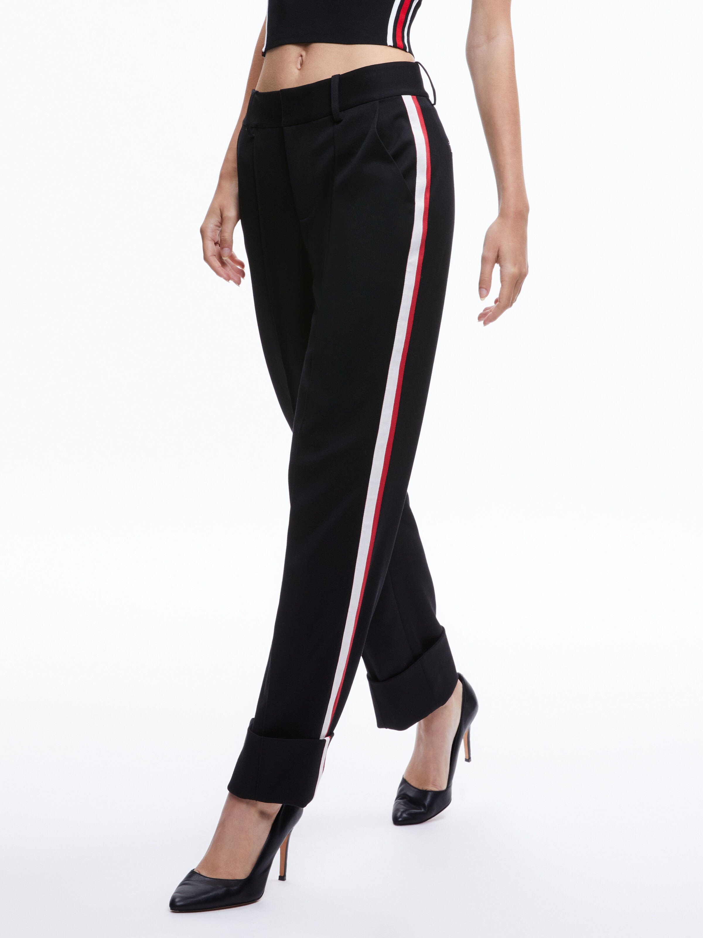 MING CUFFED PANT WITH SIDE STRIPE-BLACK/PERFECT RUBY-ALICE + OLIVIA