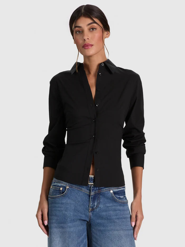 AMELIA BUTTON DOWN WITH LACE UP BACK-Black-ALICE + OLIVIA