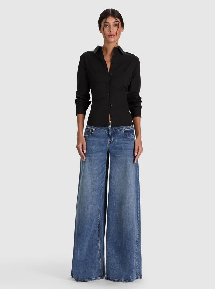 AMELIA BUTTON DOWN WITH LACE UP BACK-Black-ALICE + OLIVIA