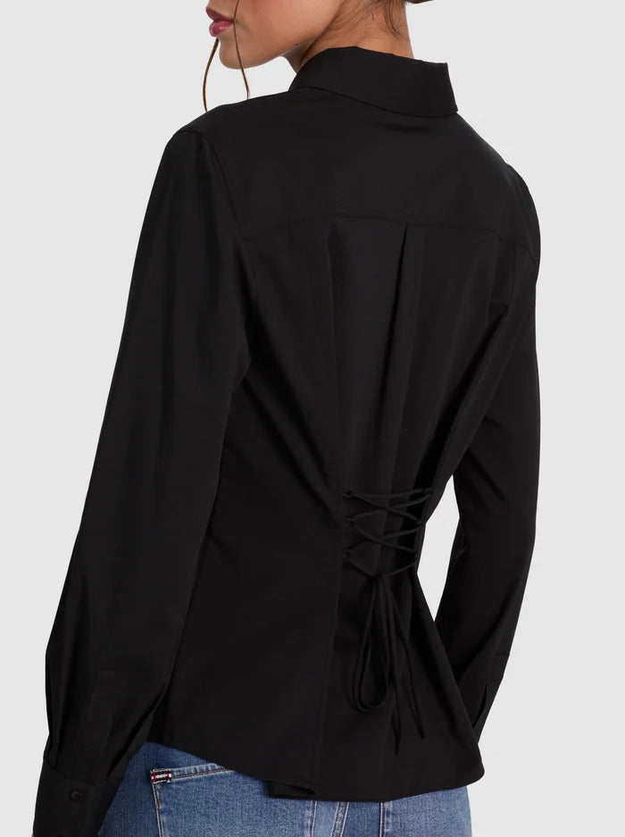 AMELIA BUTTON DOWN WITH LACE UP BACK-Black-ALICE + OLIVIA