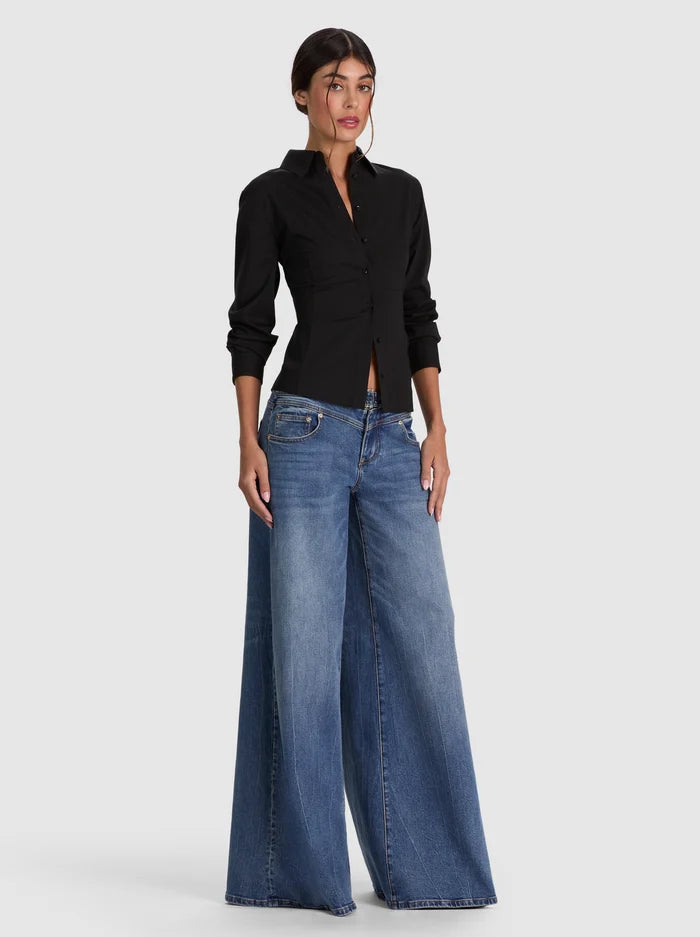 AMELIA BUTTON DOWN WITH LACE UP BACK-Black-ALICE + OLIVIA