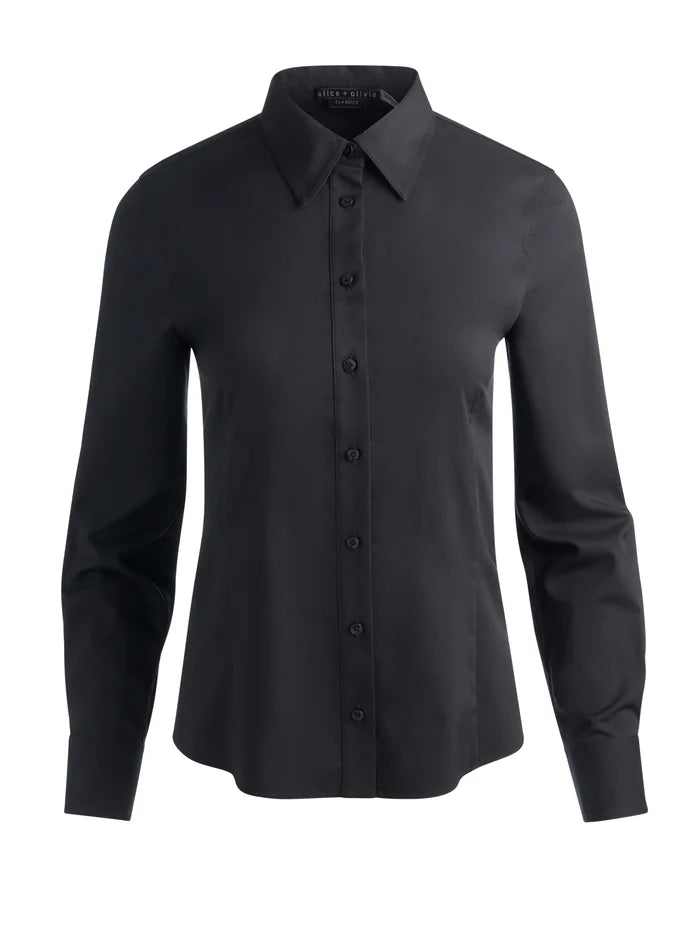 AMELIA BUTTON DOWN WITH LACE UP BACK-Black-ALICE + OLIVIA