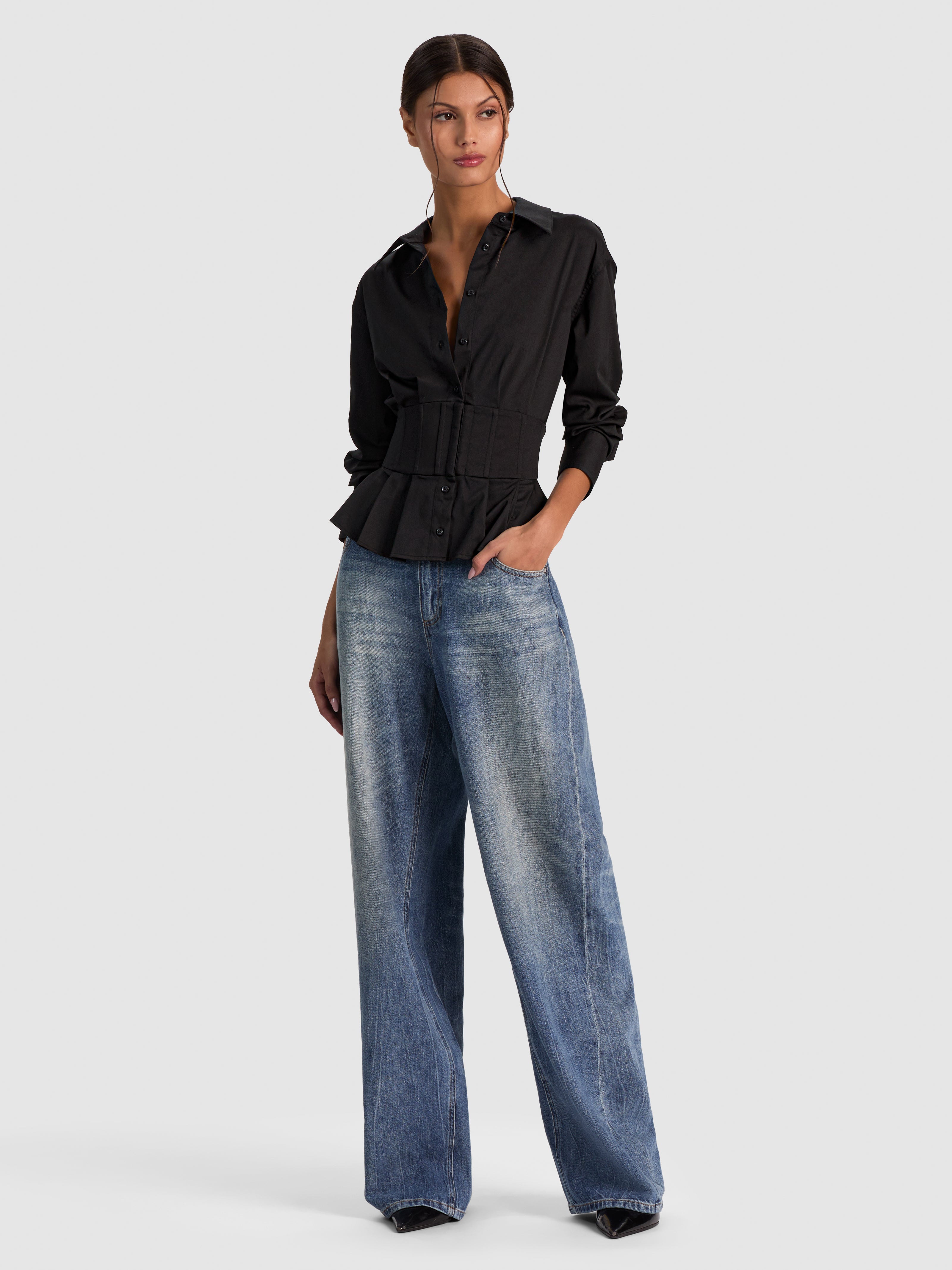 EDIE GATHERED CORSET BUTTON DOWN TOP-Black-ALICE + OLIVIA