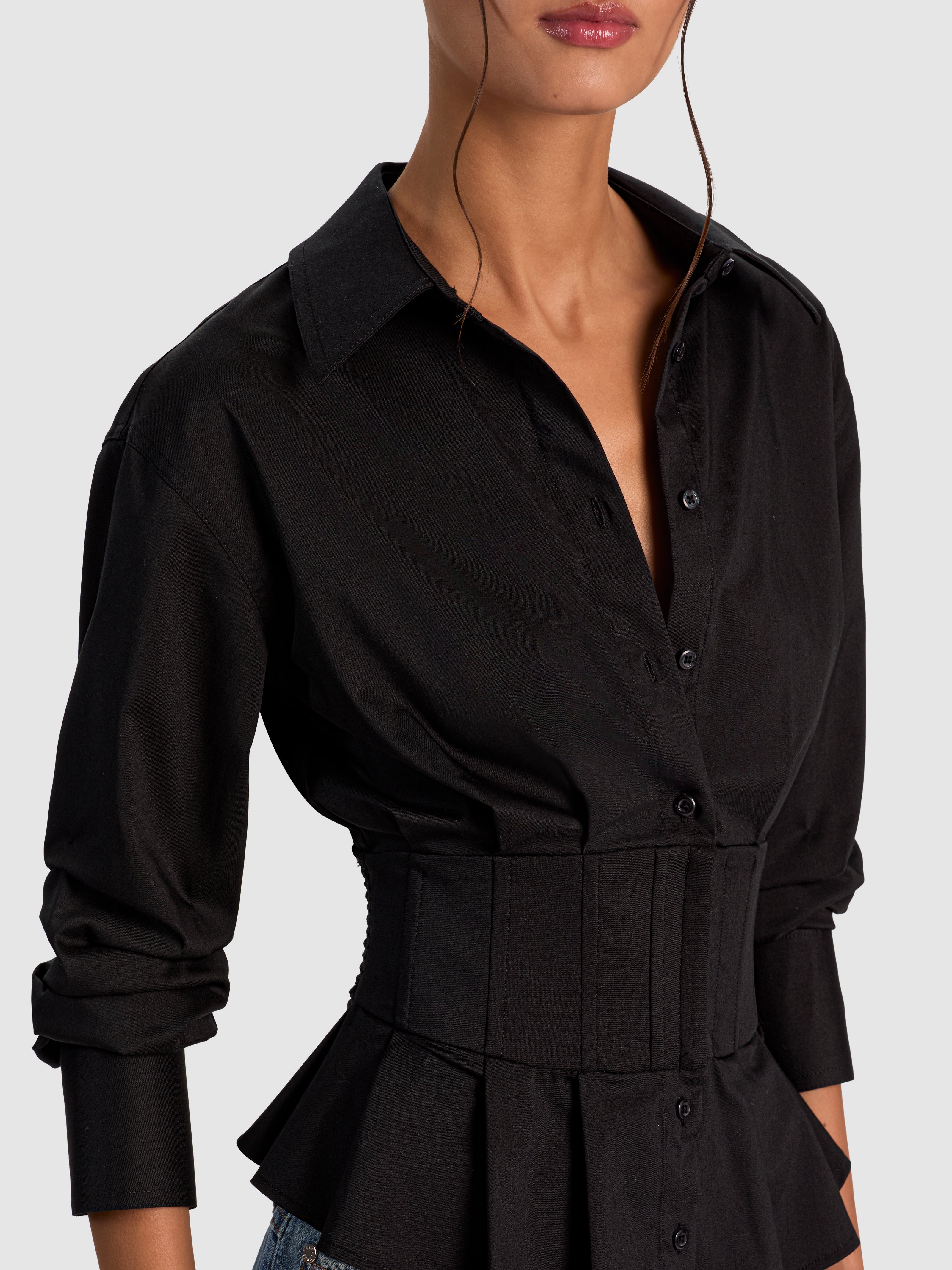 EDIE GATHERED CORSET BUTTON DOWN TOP-Black-ALICE + OLIVIA
