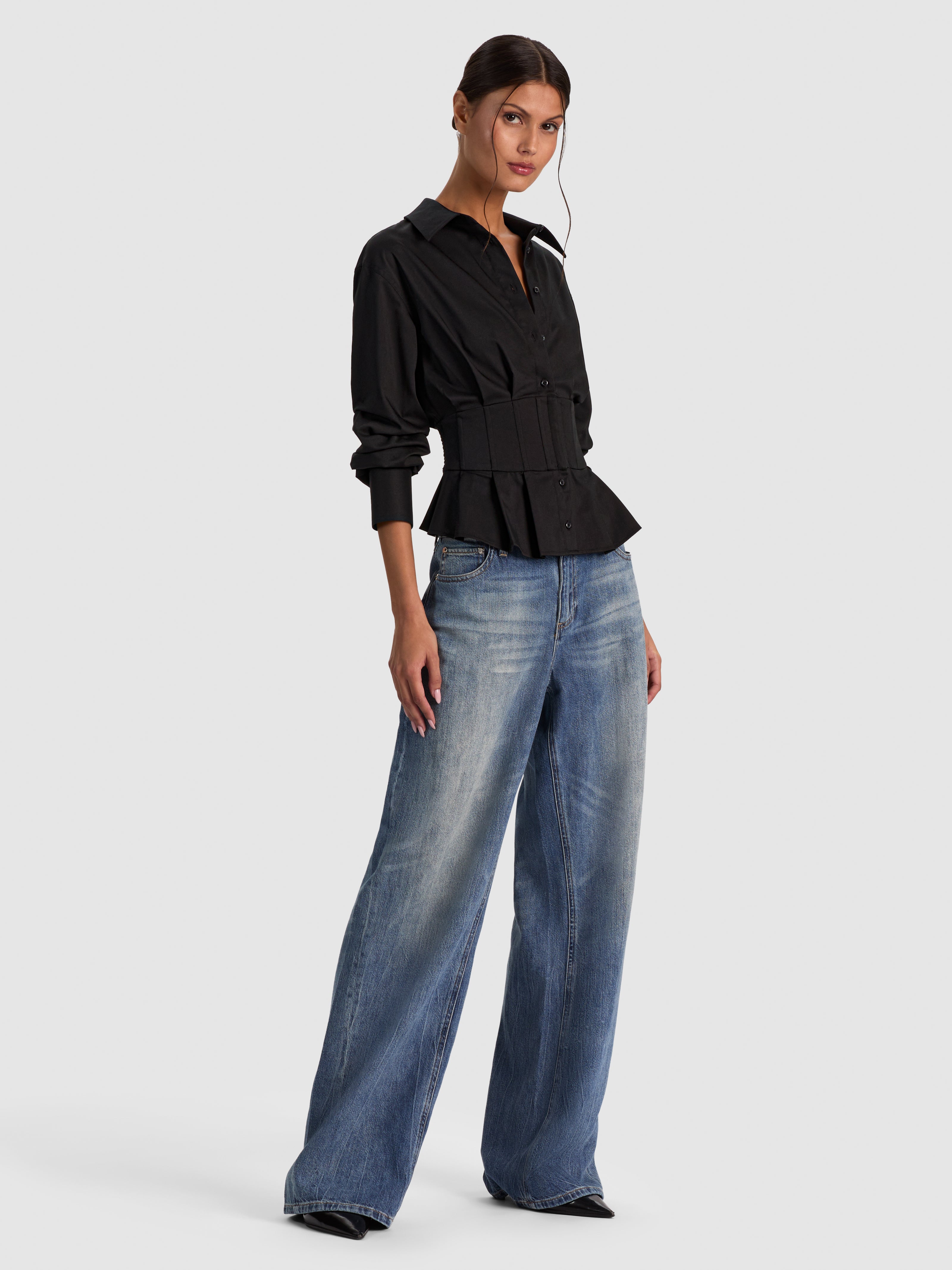 EDIE GATHERED CORSET BUTTON DOWN TOP-Black-ALICE + OLIVIA