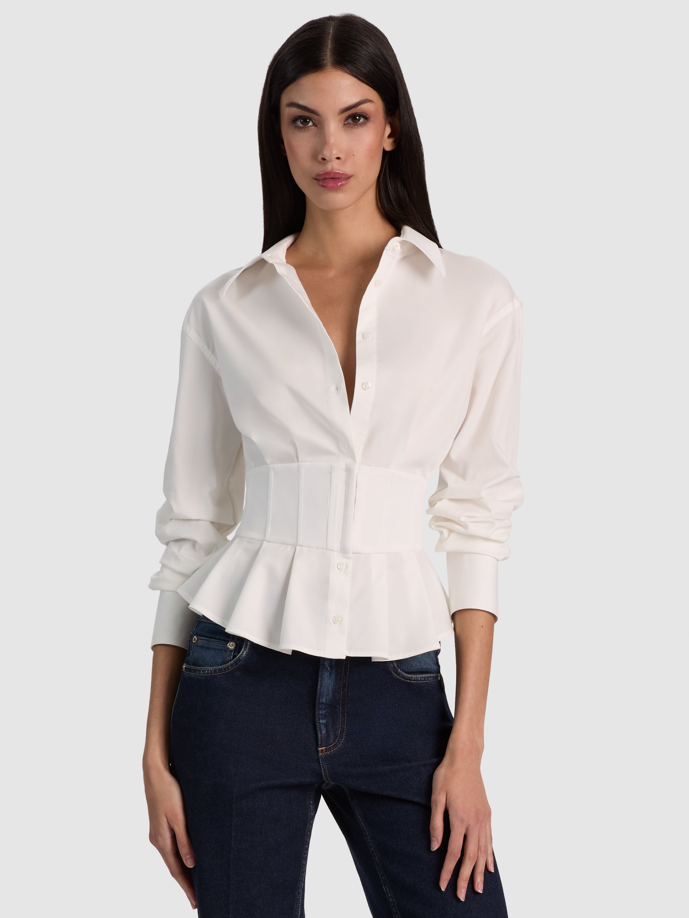 EDIE GATHERED CORSET BUTTON DOWN TOP-OFF WHITE-ALICE + OLIVIA