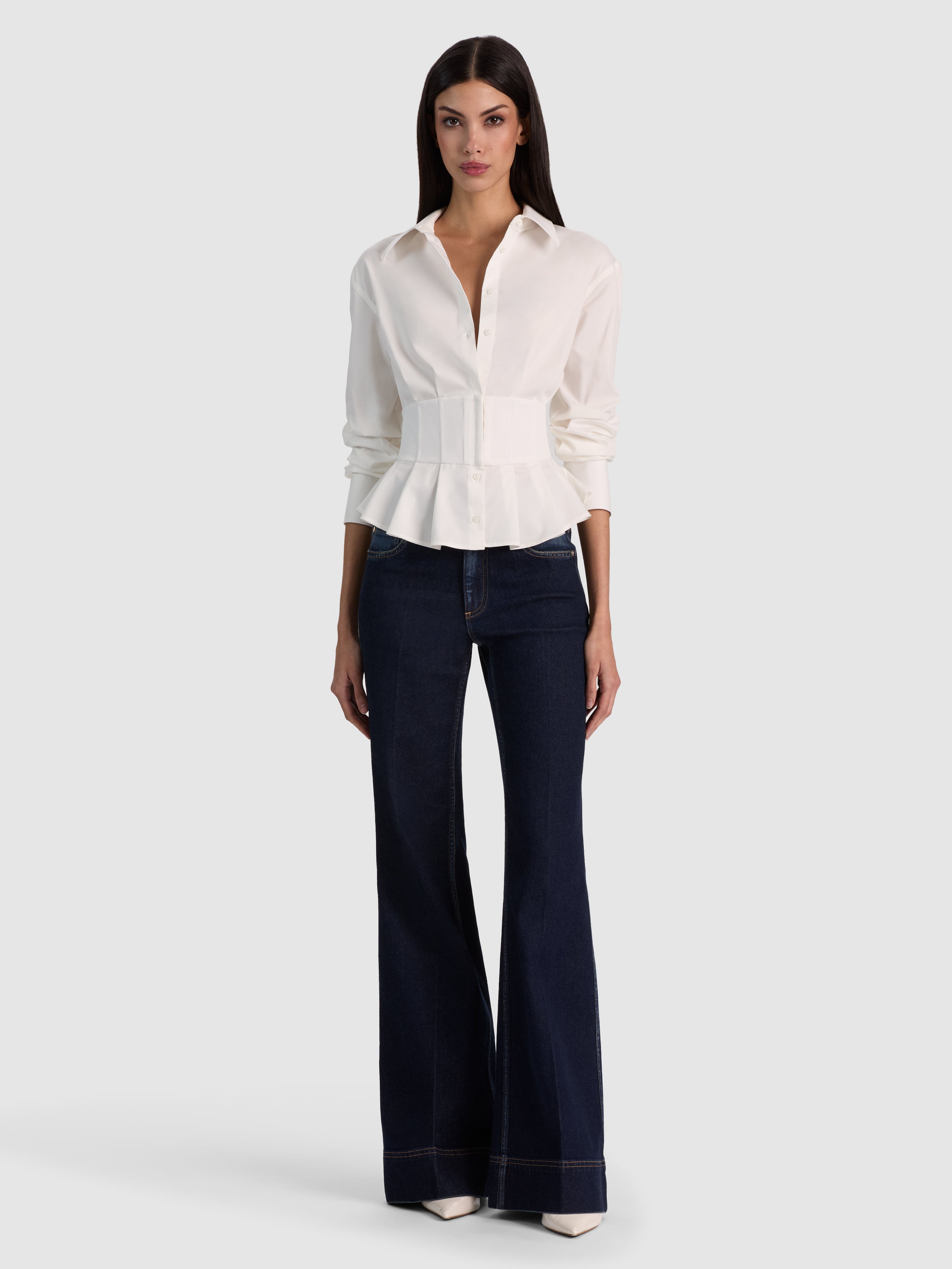 EDIE GATHERED CORSET BUTTON DOWN TOP-OFF WHITE-ALICE + OLIVIA