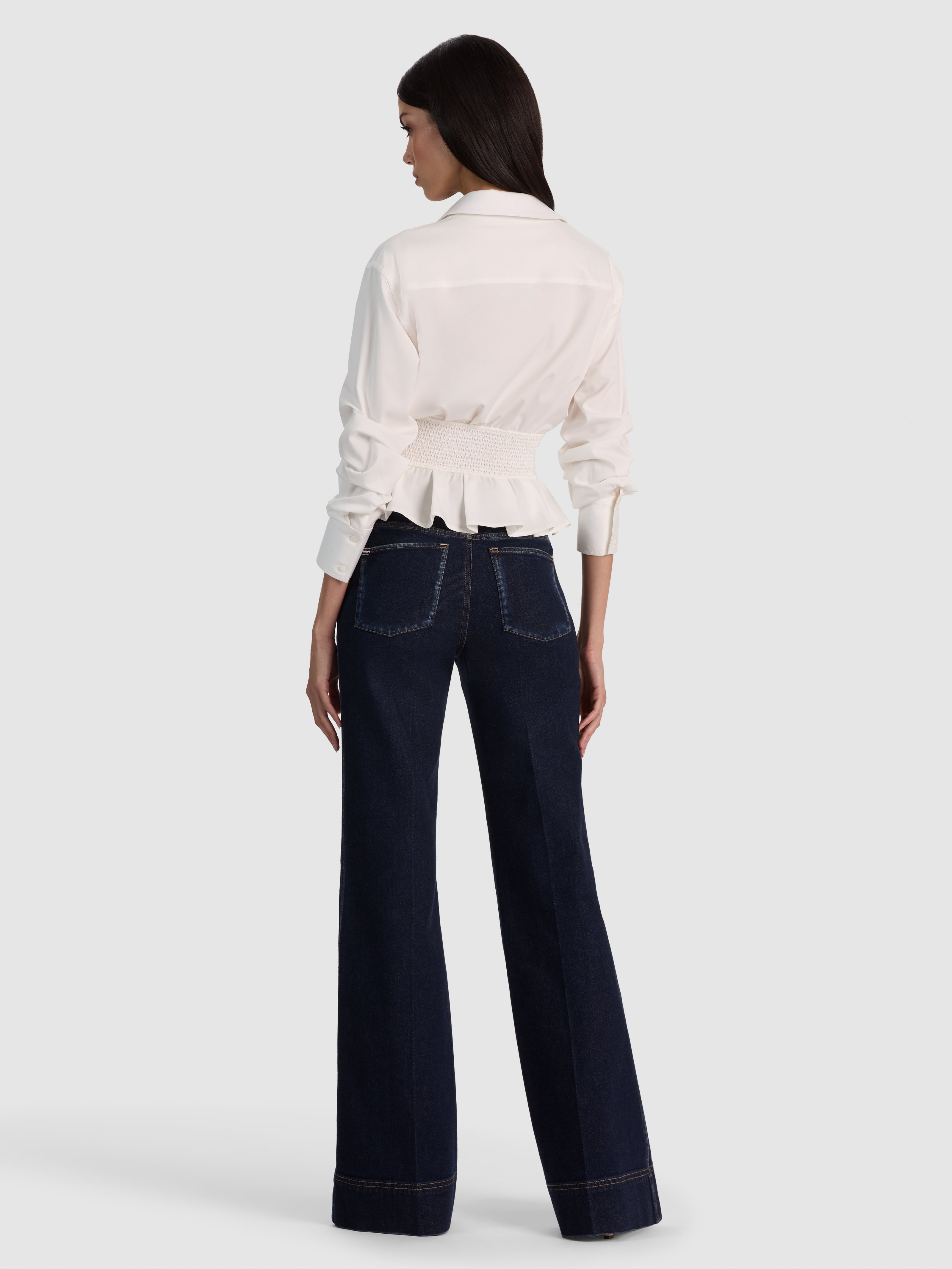 EDIE GATHERED CORSET BUTTON DOWN TOP-OFF WHITE-ALICE + OLIVIA
