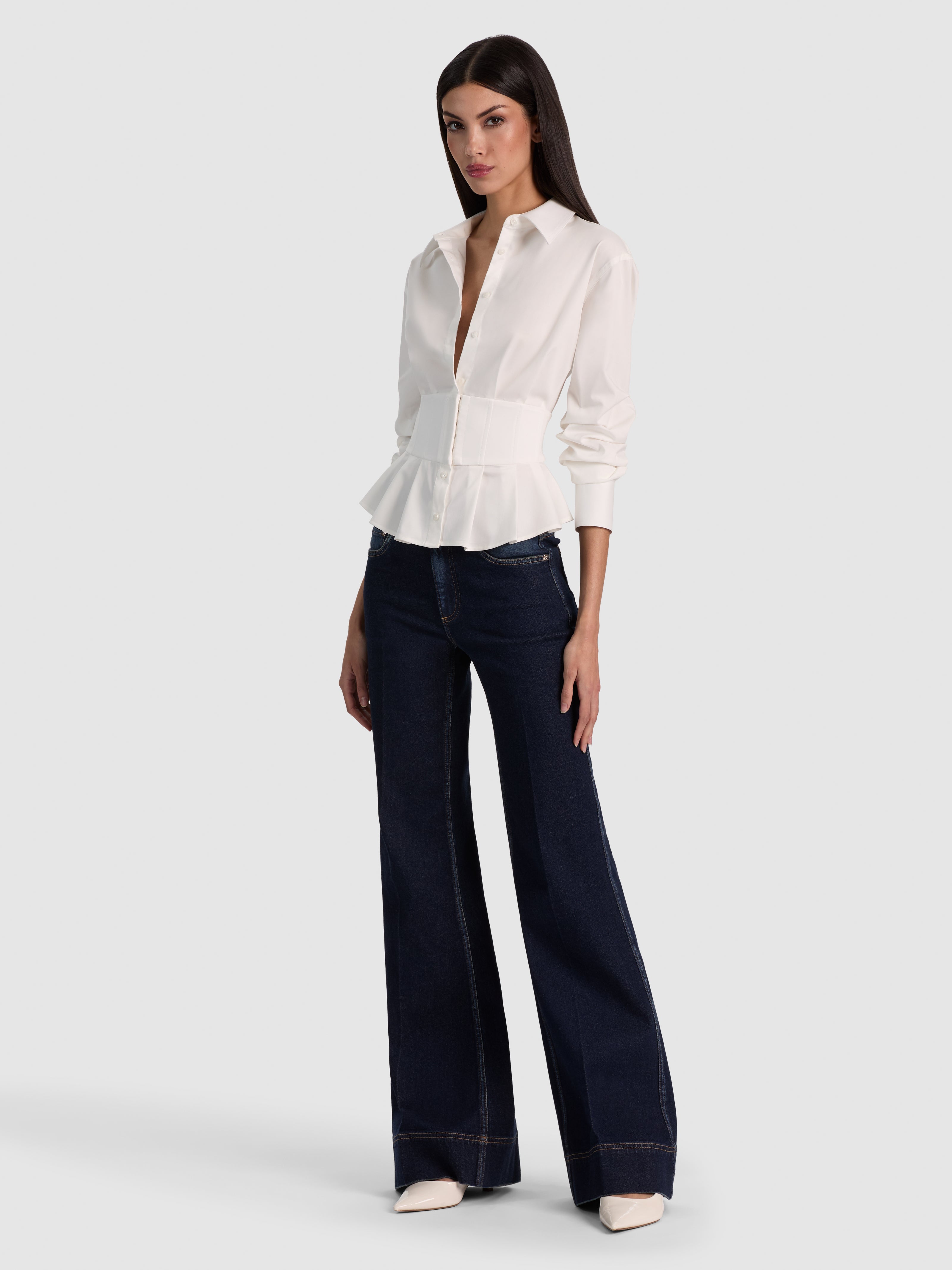 EDIE GATHERED CORSET BUTTON DOWN TOP-OFF WHITE-ALICE + OLIVIA
