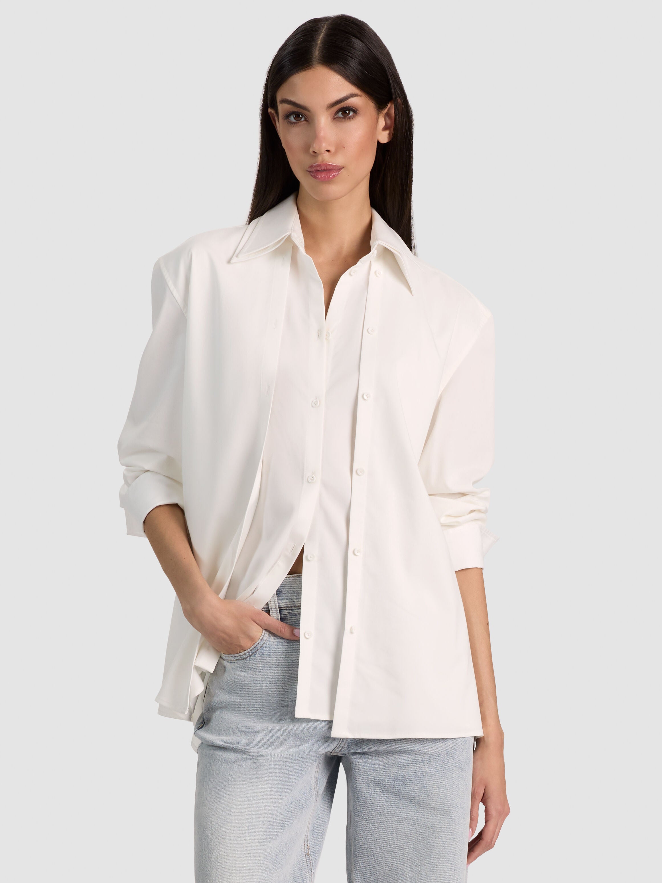 AIMEE DOUBLE LAYER BUTTON DOWN-OFF WHITE-ALICE + OLIVIA