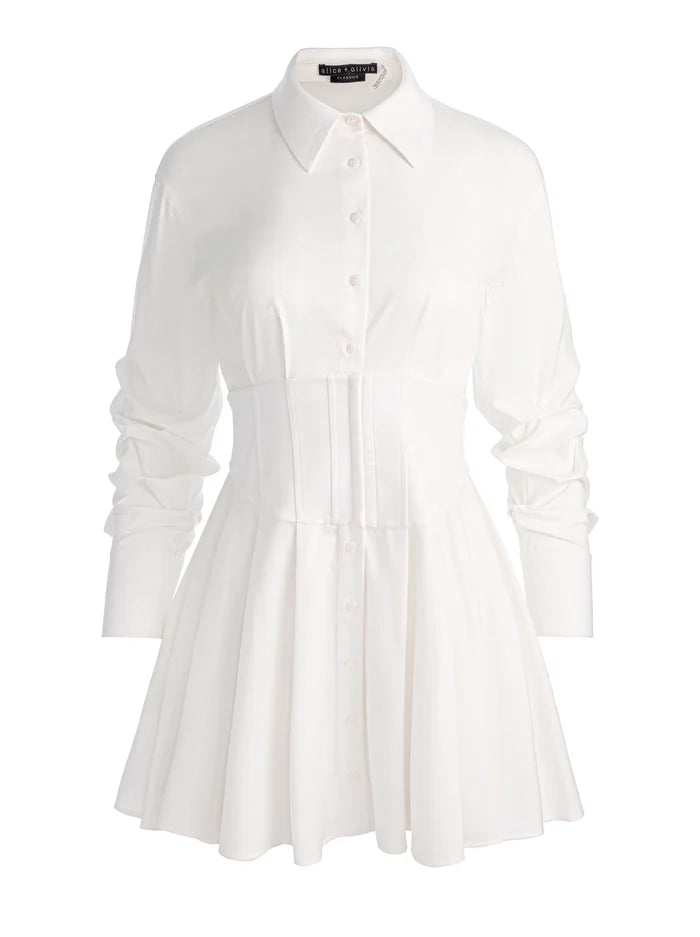 EDIE CORSET BUTTON DOWN MINI DRESS-OFF WHITE-ALICE + OLIVIA