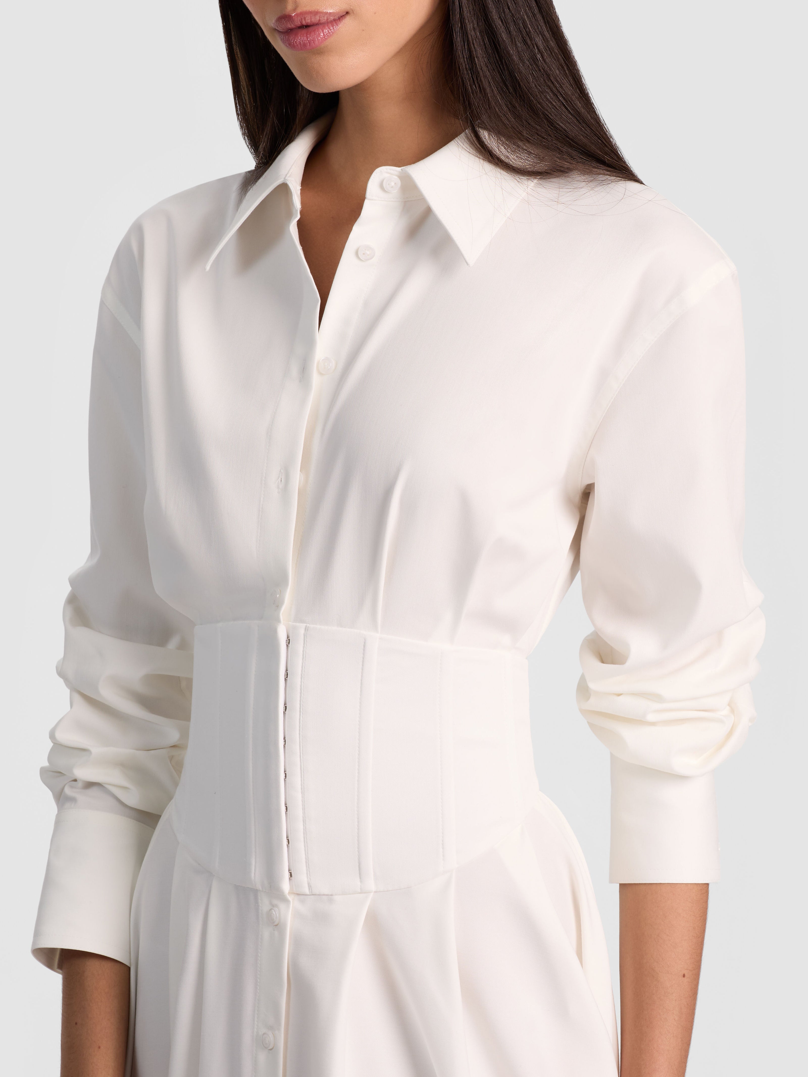 Alice + Olivia Edie Corset Button Down Midi Dress | Off White | Woven