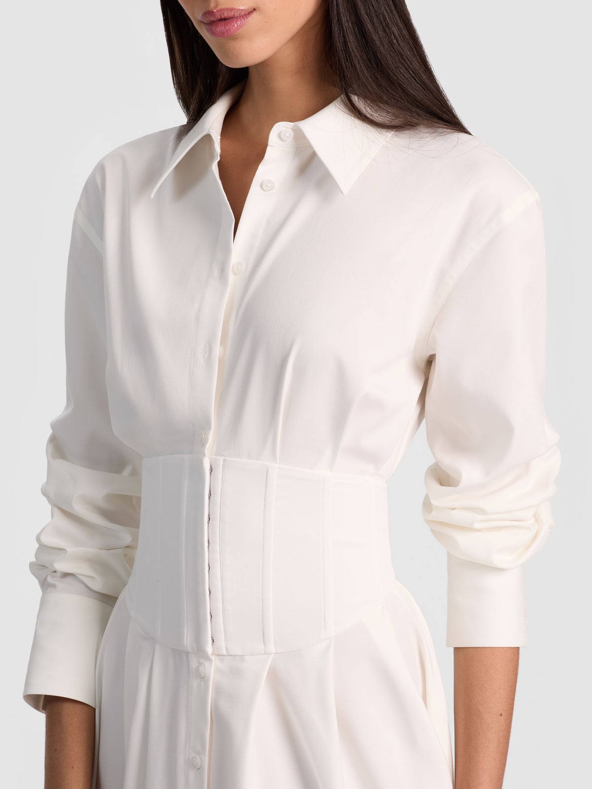 EDIE CORSET BUTTON DOWN MIDI DRESS - OFF WHITE