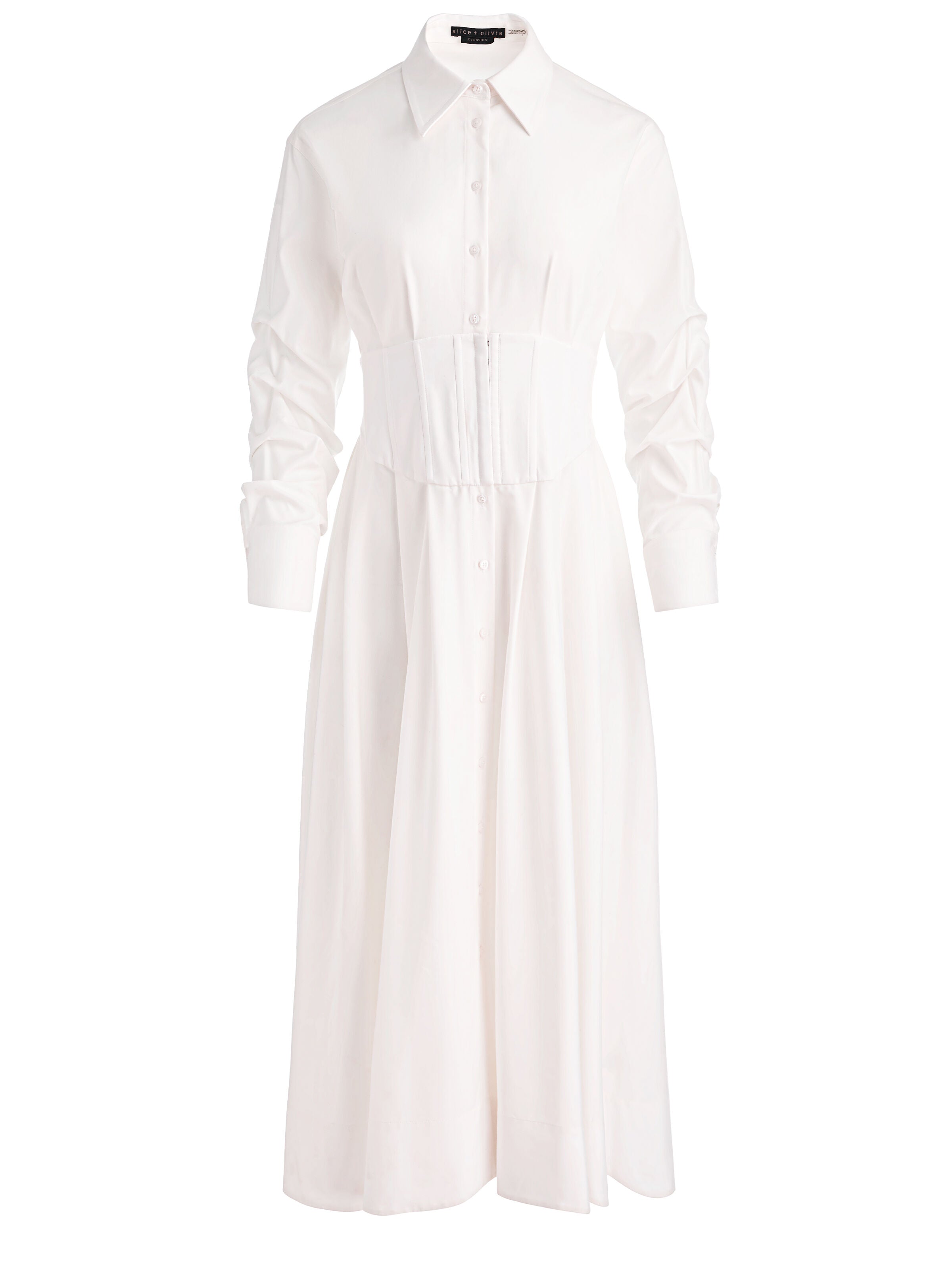 EDIE CORSET BUTTON DOWN MIDI DRESS in OFF WHITE