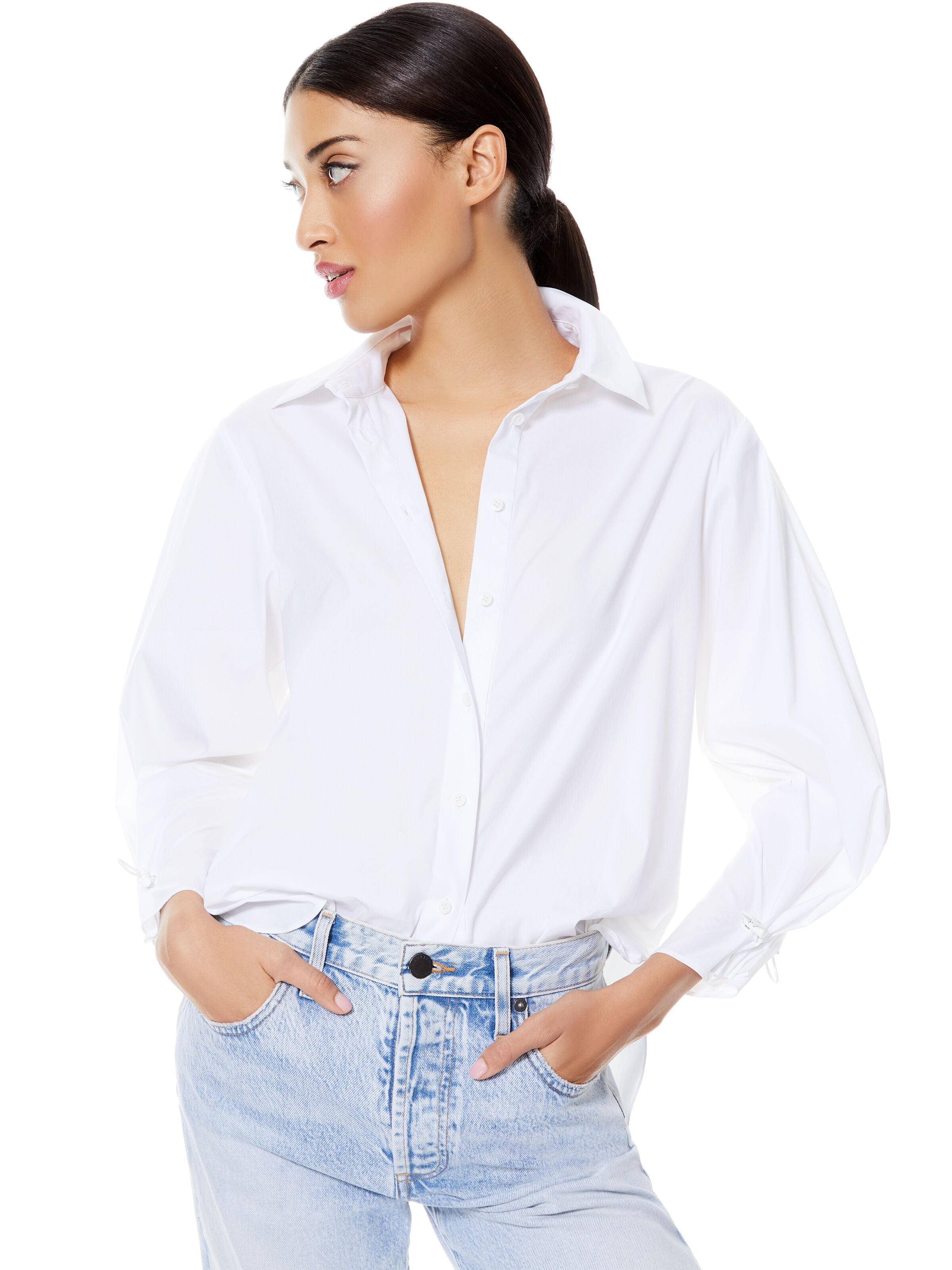 WES PLEATED SLEEVE BUTTON DOWN-WHITE-ALICE + OLIVIA