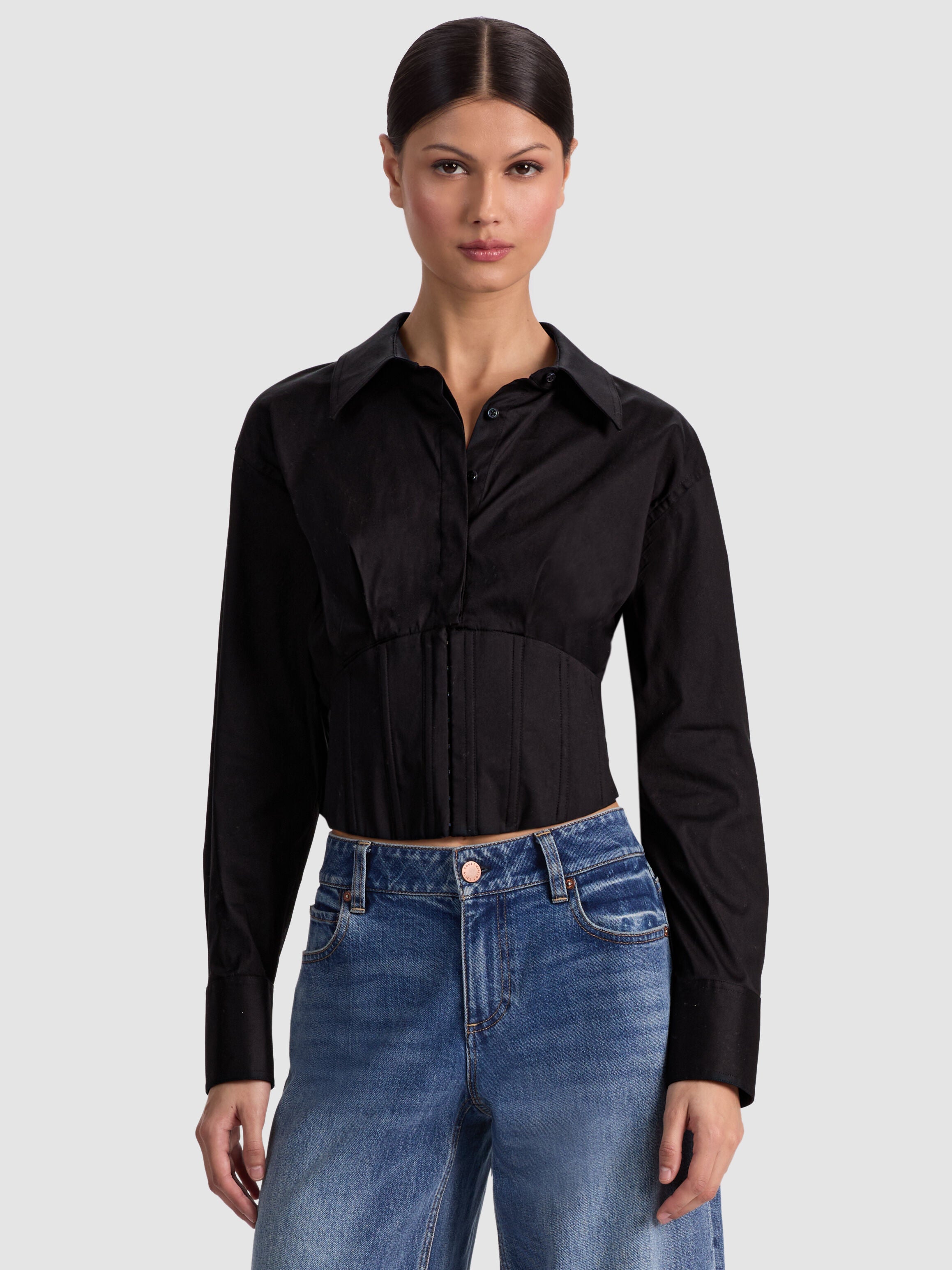 EDIE CORSET BUTTON DOWN-Black-ALICE + OLIVIA