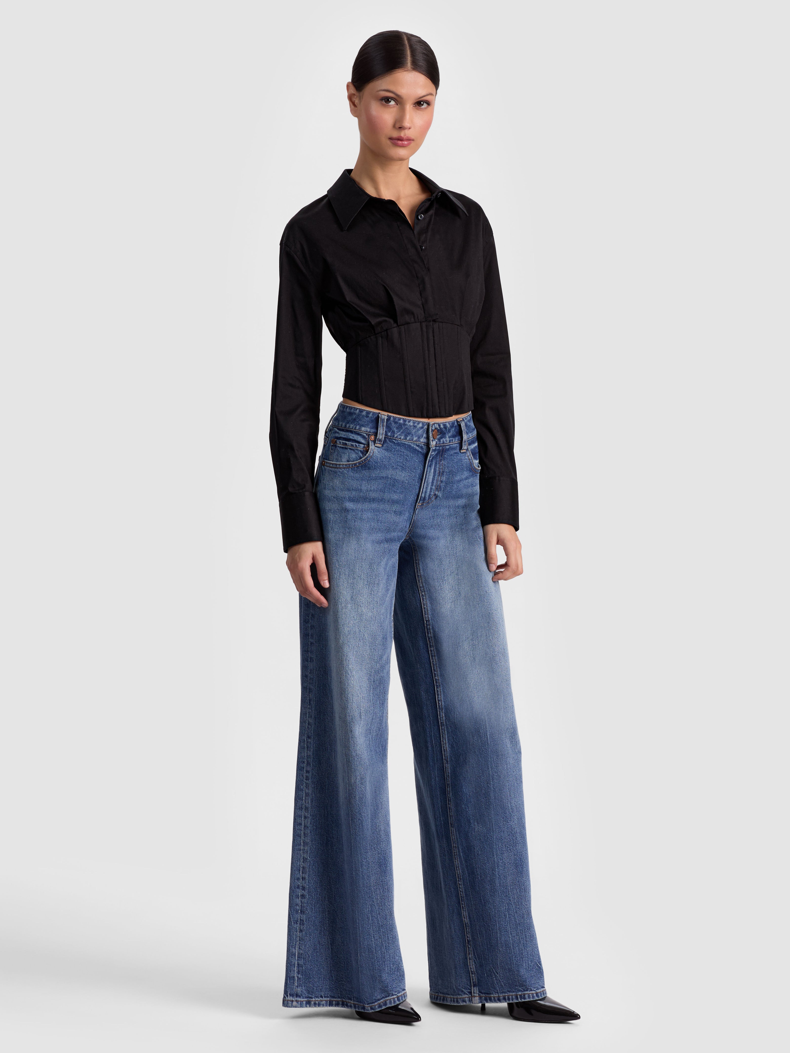EDIE CORSET BUTTON DOWN-Black-ALICE + OLIVIA