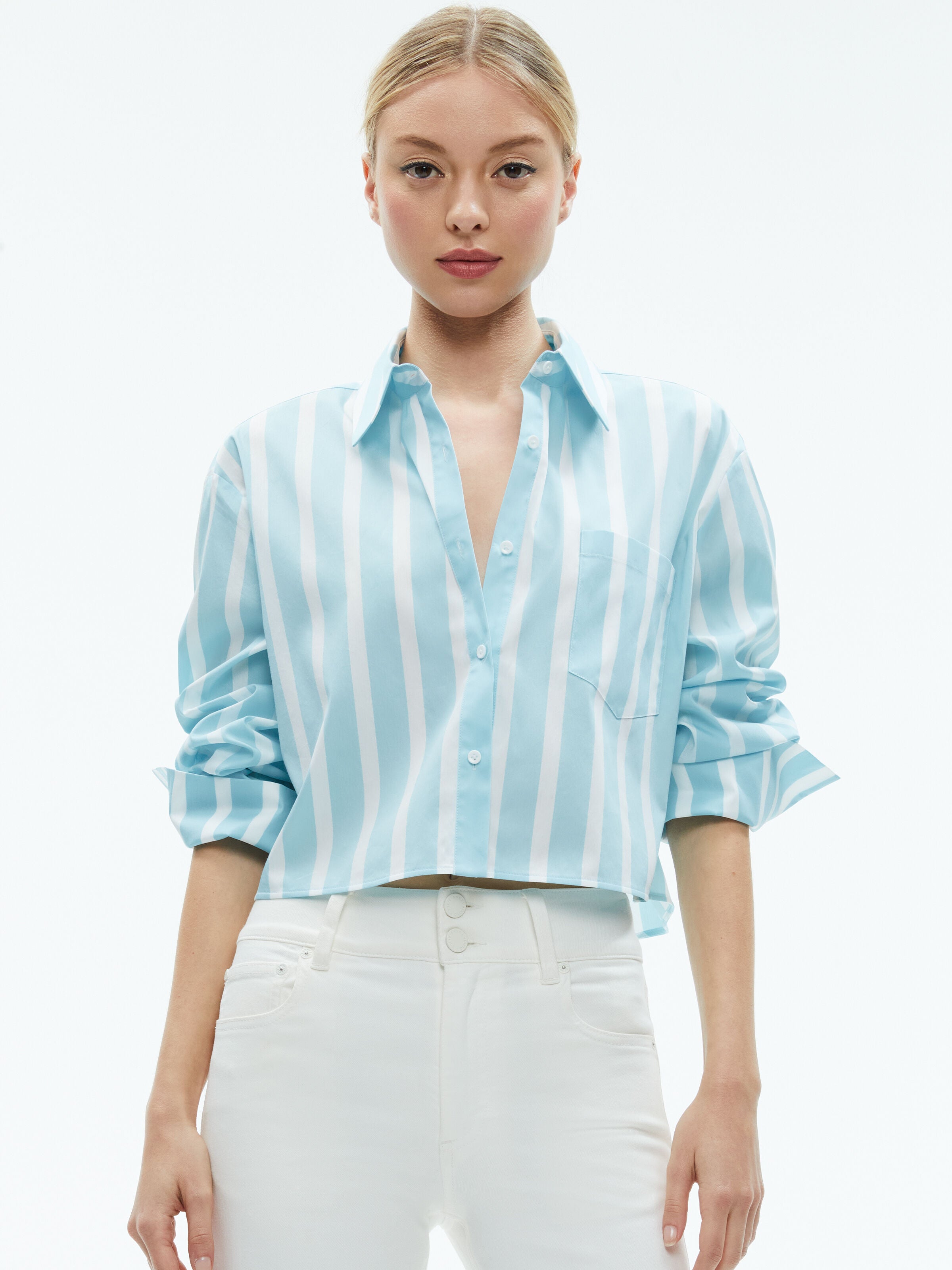 FINELY CROPPED BUTTON DOWN-ADMIRAL STRIPE PINK LACE-ALICE + OLIVIA