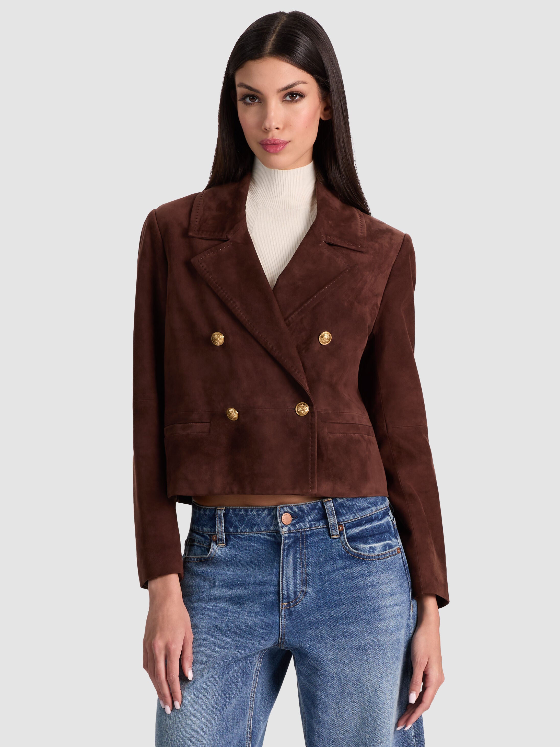 AVERY SUEDE DOUBLE BREASTED BLAZER-DARK CHOCOLATE-ALICE + OLIVIA